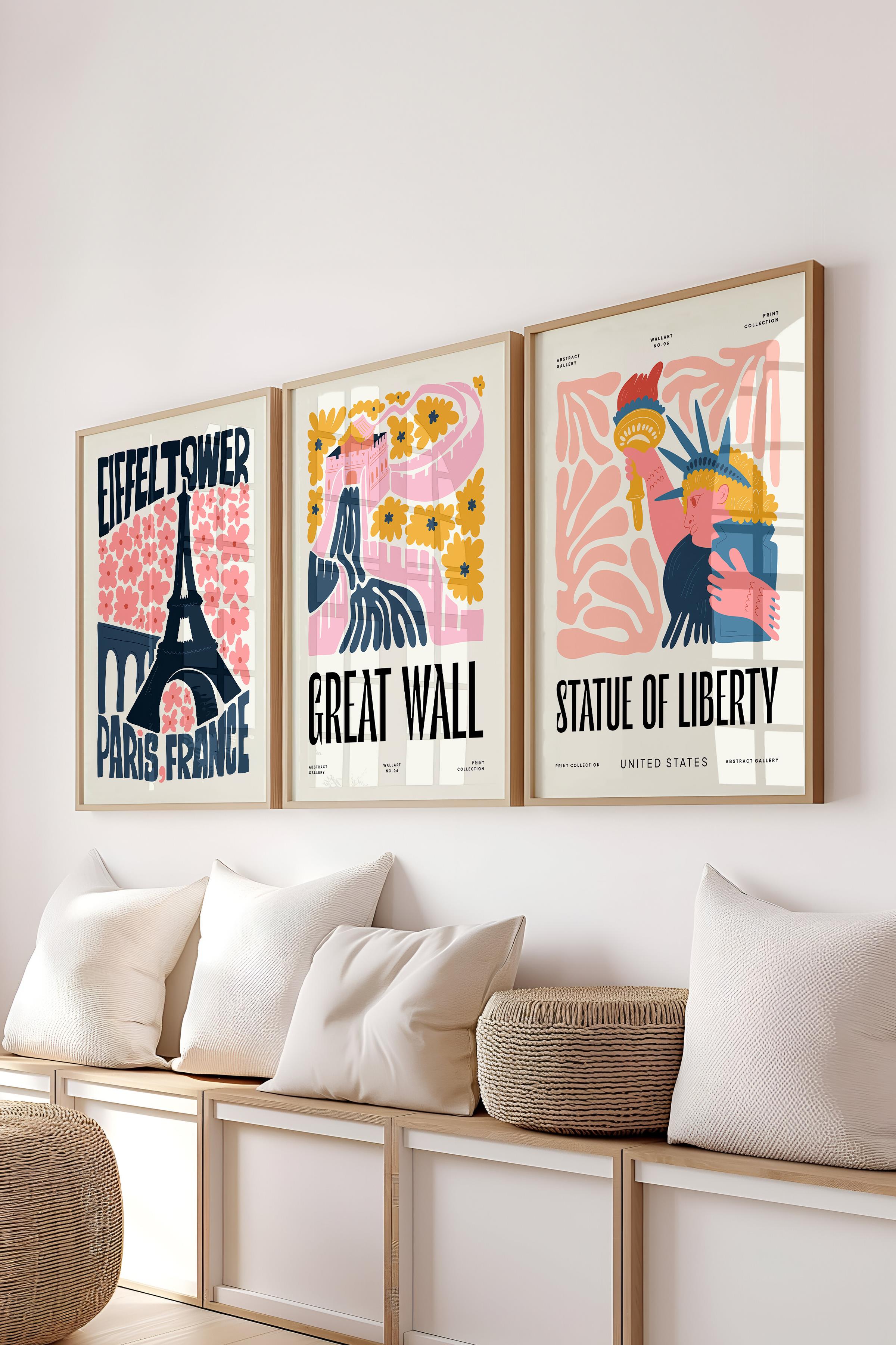Pembe Minimaslit Tablo Seti, 3 Adet Ahşap Çerçeve ve Gezi Poster - Yatak Odası, Salon, Mutfak Dekoru