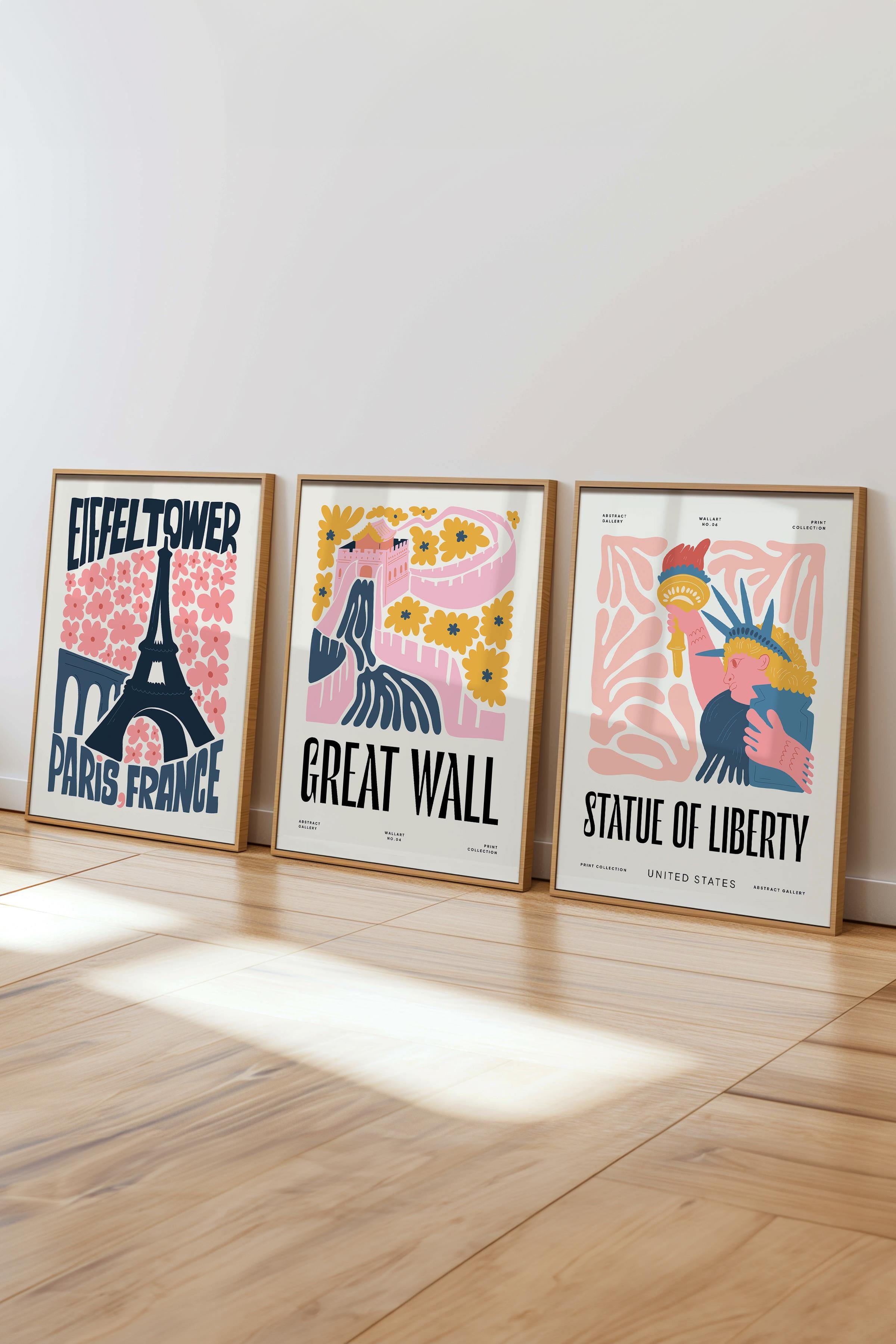 Pembe Minimaslit Tablo Seti, 3 Adet Ahşap Çerçeve ve Gezi Poster - Yatak Odası, Salon, Mutfak Dekoru