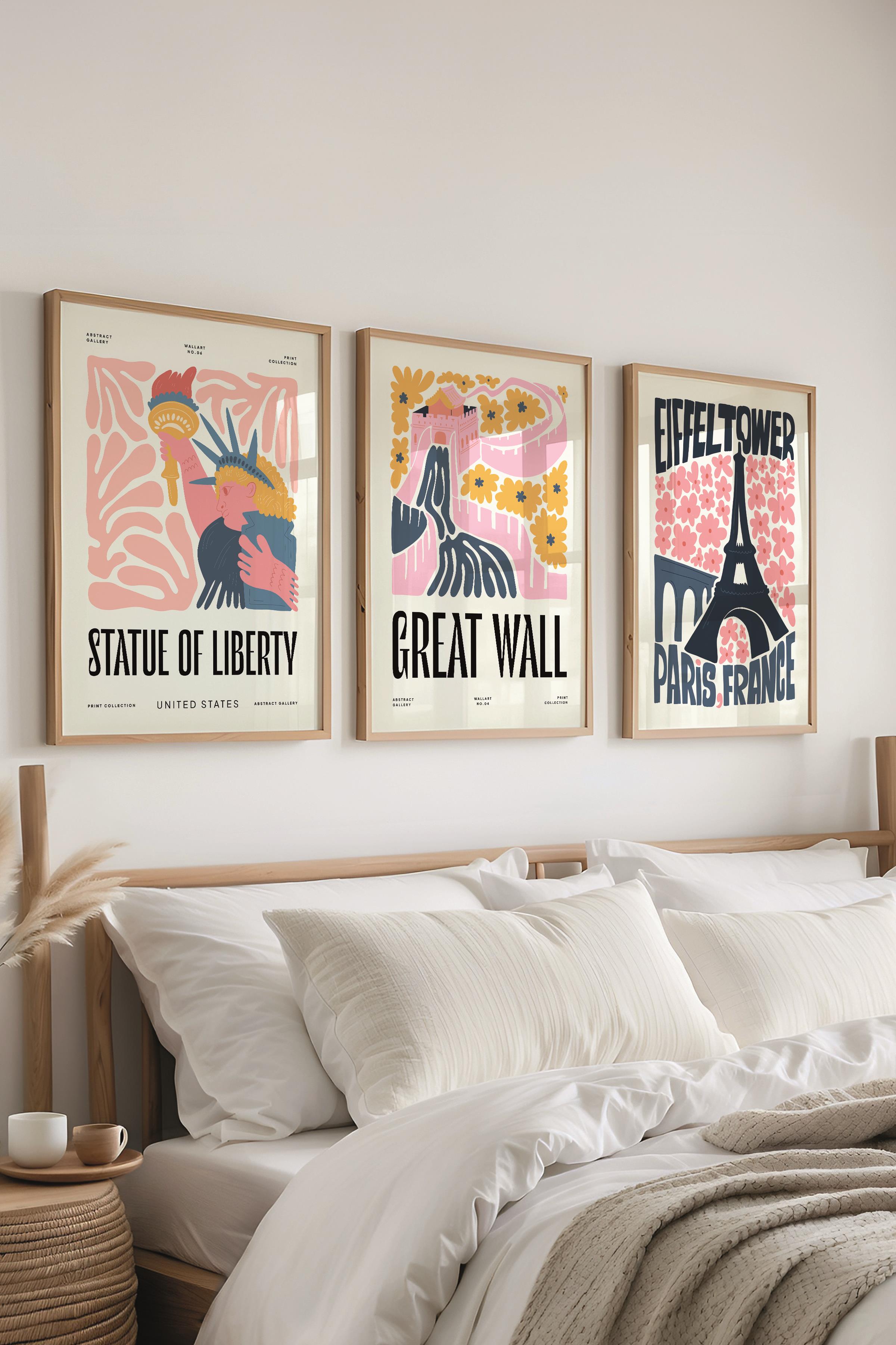 Pembe Minimaslit Tablo Seti, 3 Adet Ahşap Çerçeve ve Gezi Poster - Yatak Odası, Salon, Mutfak Dekoru