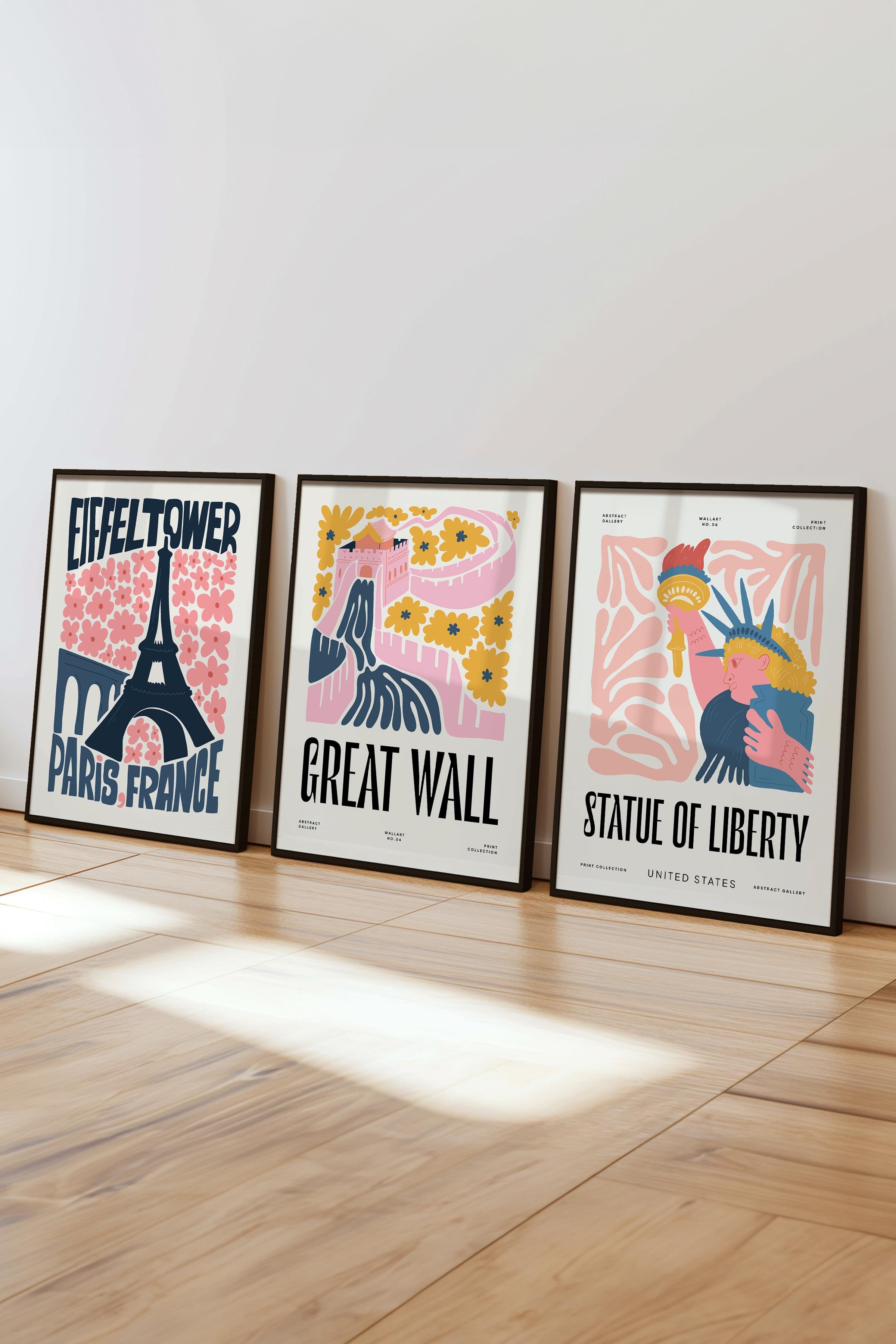 Pembe Minimaslit Tablo Seti, 3 Adet Siyah Çerçeve ve Gezi Poster - Yatak Odası, Salon, Mutfak Dekoru