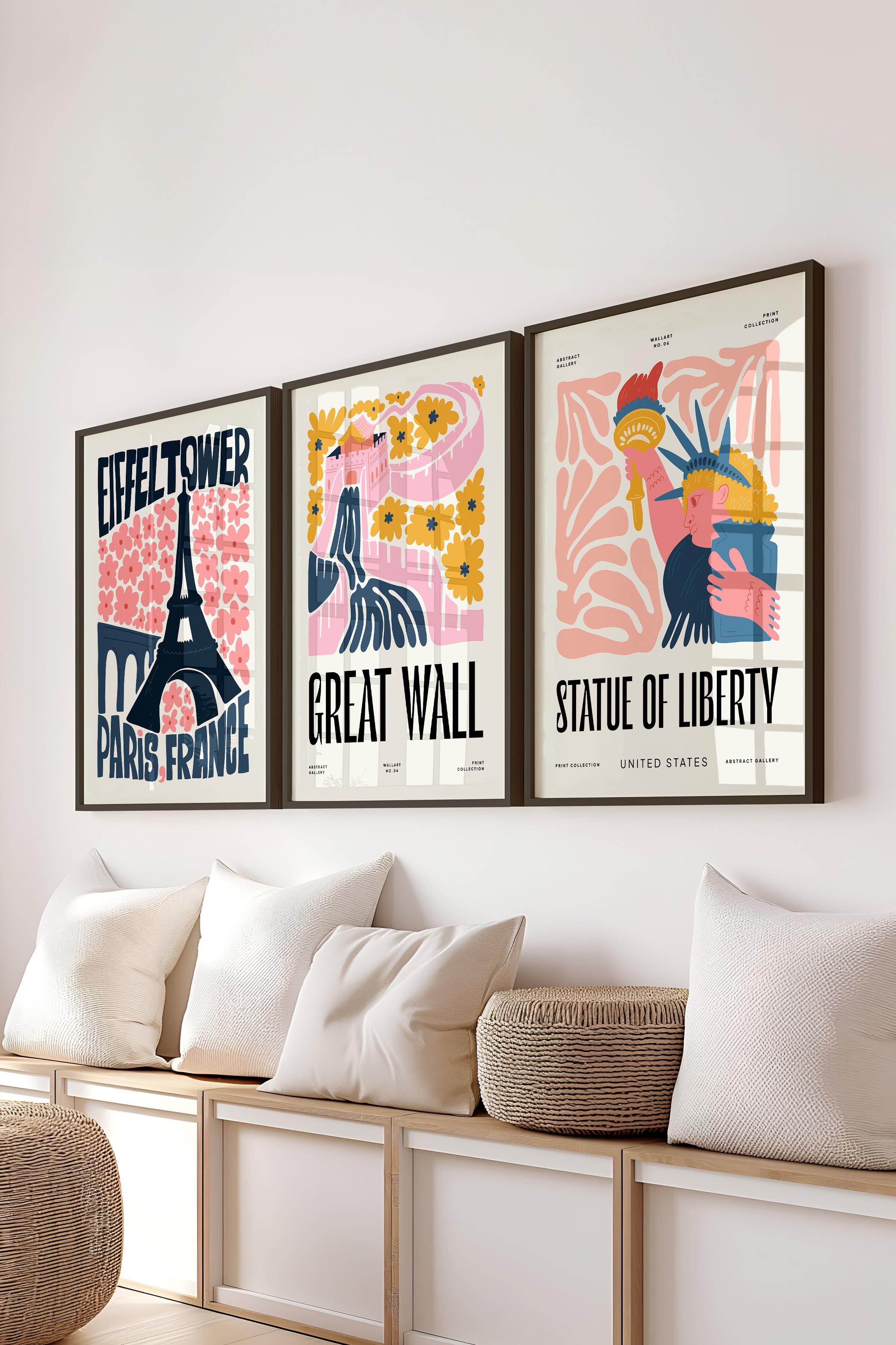 Pembe Minimaslit Tablo Seti, 3 Adet Siyah Çerçeve ve Gezi Poster - Yatak Odası, Salon, Mutfak Dekoru