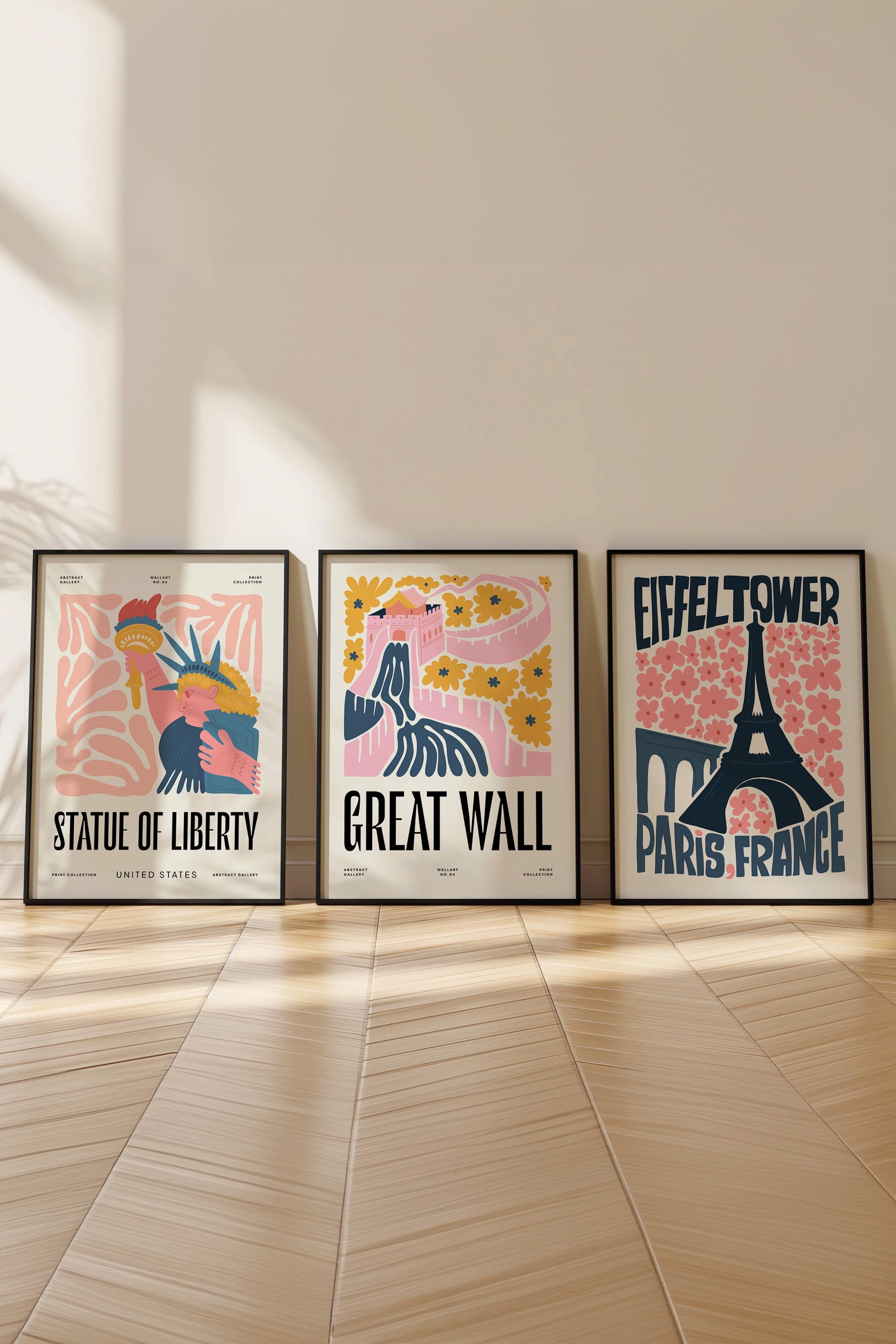 Pembe Minimaslit Tablo Seti, 3 Adet Siyah Çerçeve ve Gezi Poster - Yatak Odası, Salon, Mutfak Dekoru