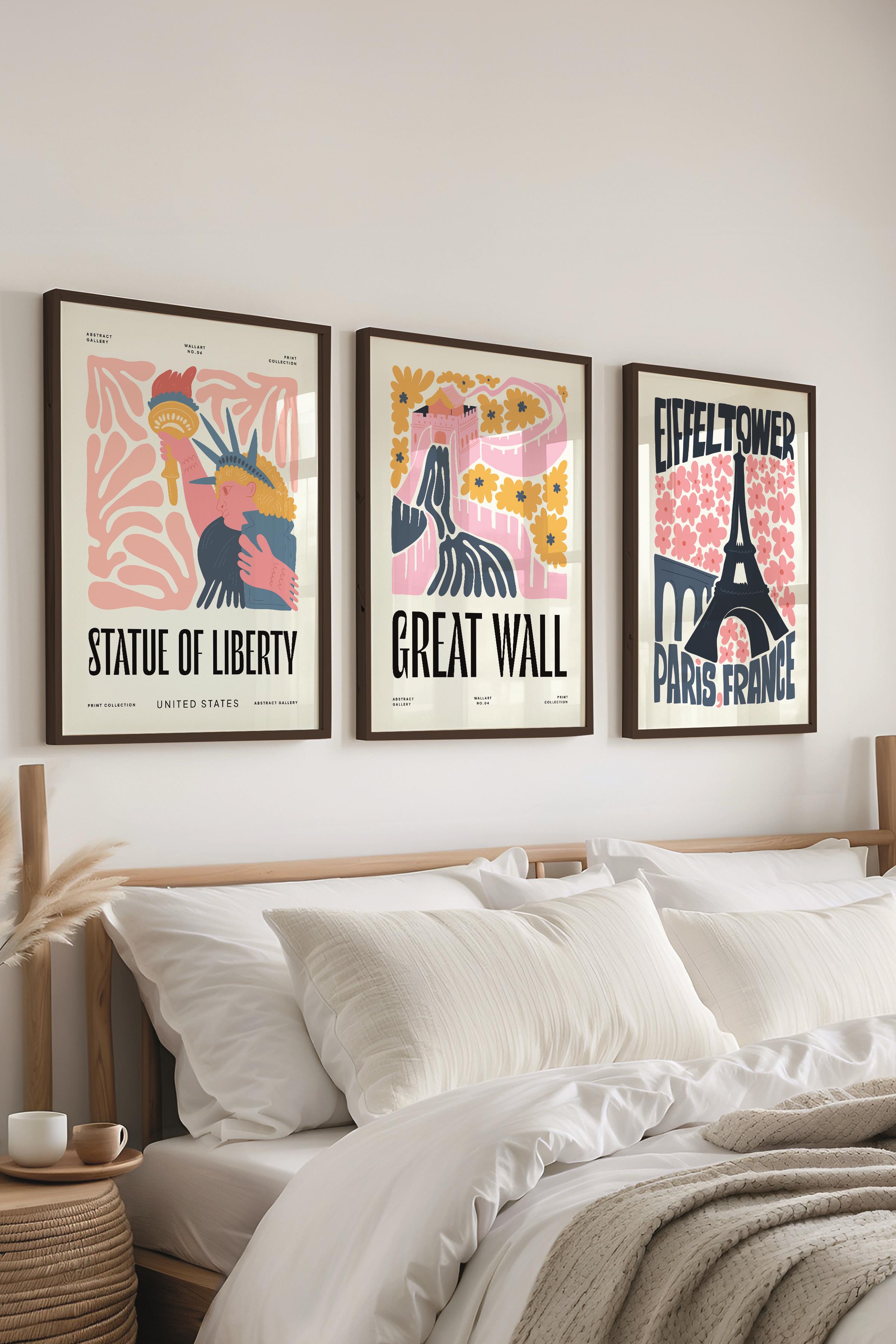 Pembe Minimaslit Tablo Seti, 3 Adet Siyah Çerçeve ve Gezi Poster - Yatak Odası, Salon, Mutfak Dekoru