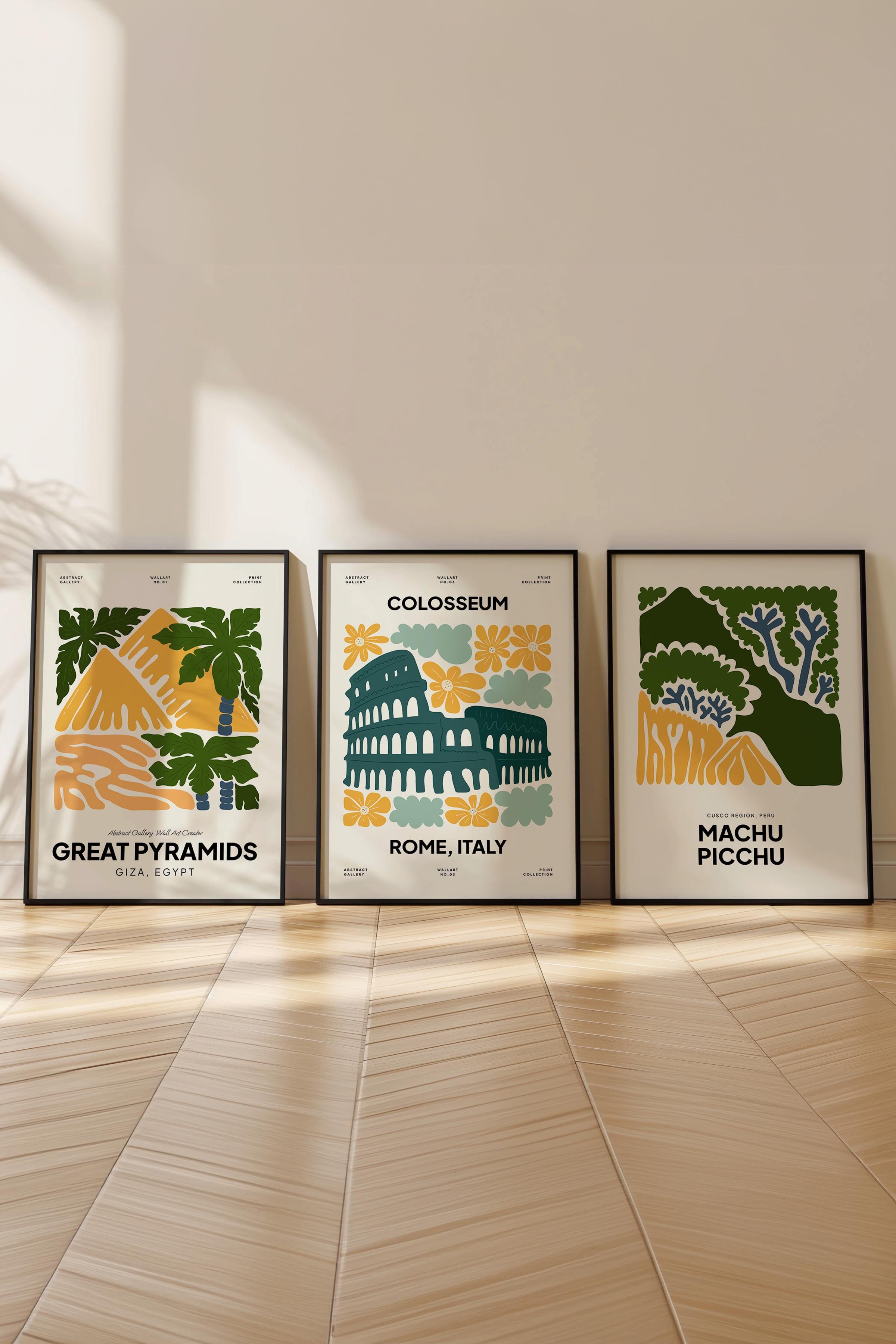 Yeşil Minimaslit Tablo Seti, 3 Adet Siyah Çerçeve ve Gezi Poster - Yatak Odası, Salon, Mutfak Dekoru