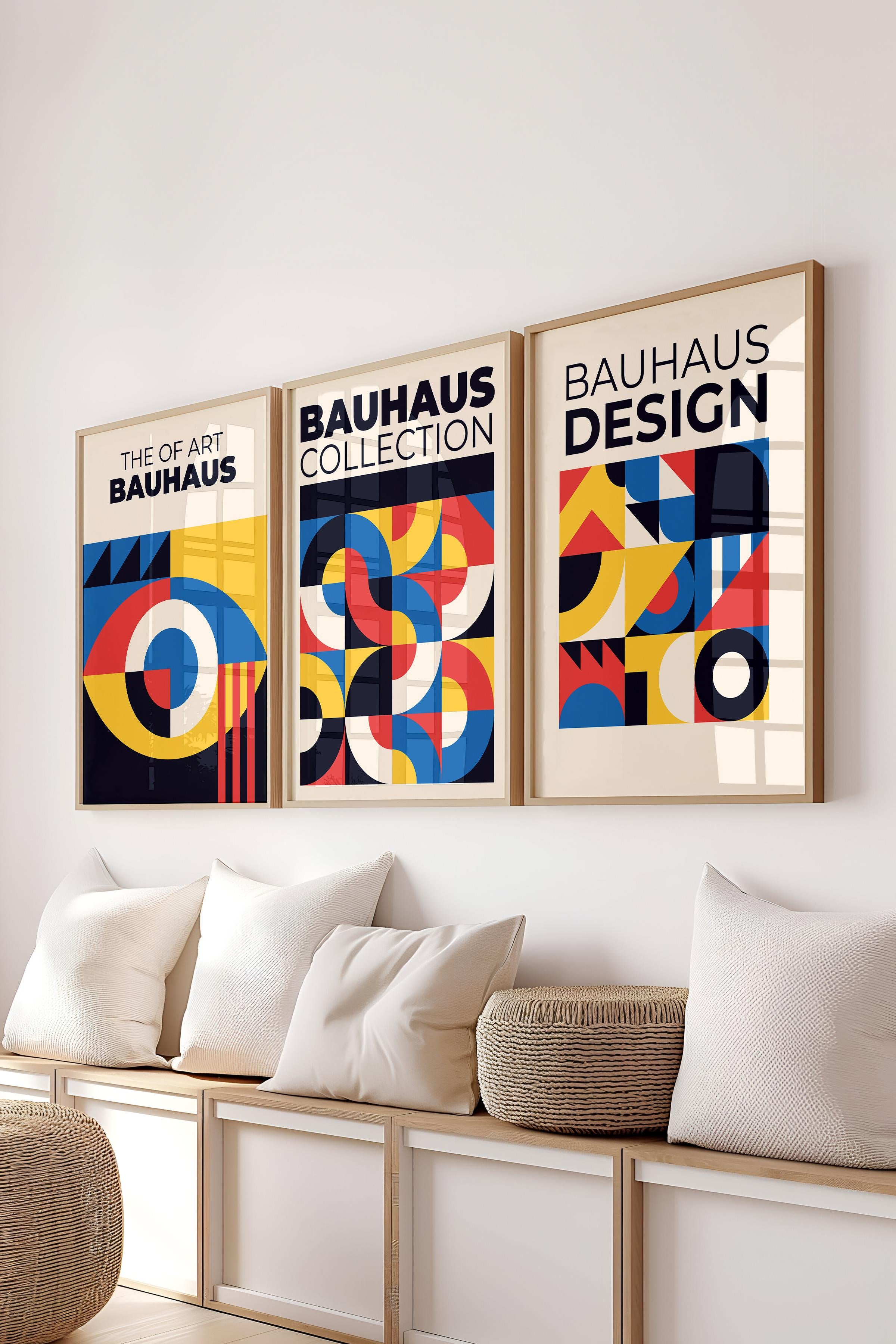 Renkli Tablo Seti, 3 Adet Ahşap Çerçeve ve Bauhaus Poster - Yatak Odası, Salon, Mutfak Dekoru