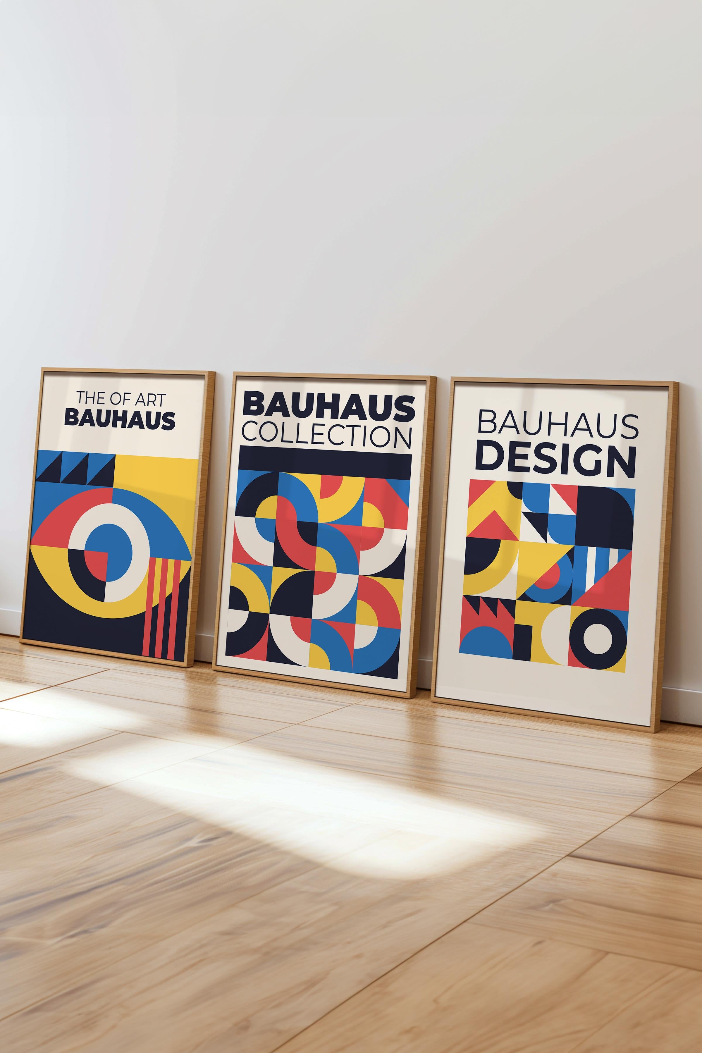 Renkli Tablo Seti, 3 Adet Ahşap Çerçeve ve Bauhaus Poster - Yatak Odası, Salon, Mutfak Dekoru