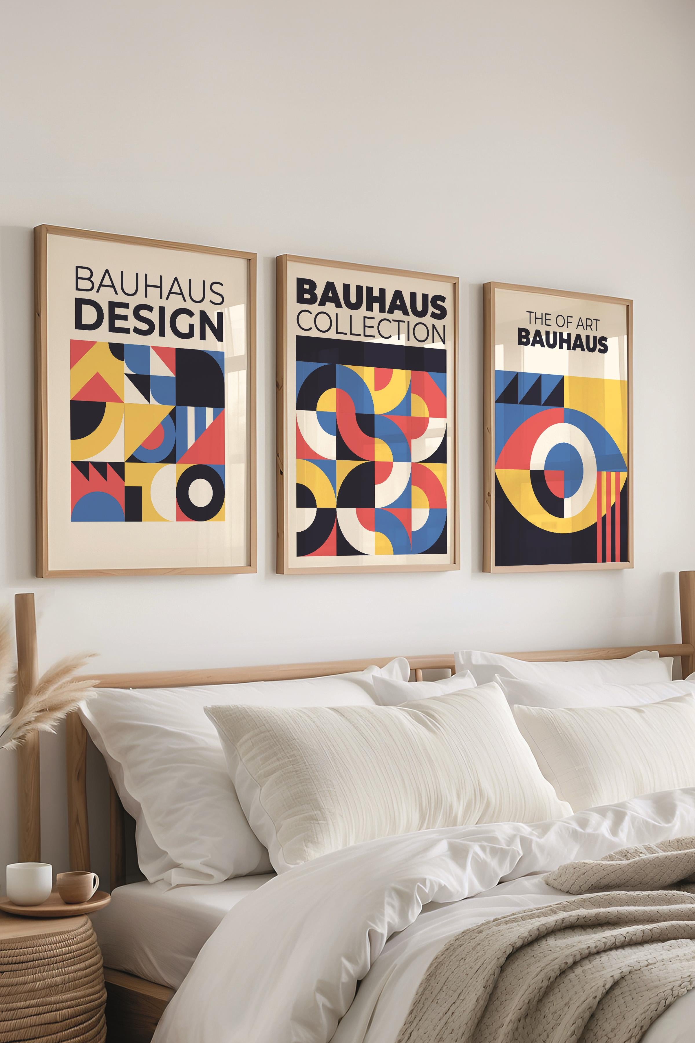 Renkli Tablo Seti, 3 Adet Ahşap Çerçeve ve Bauhaus Poster - Yatak Odası, Salon, Mutfak Dekoru