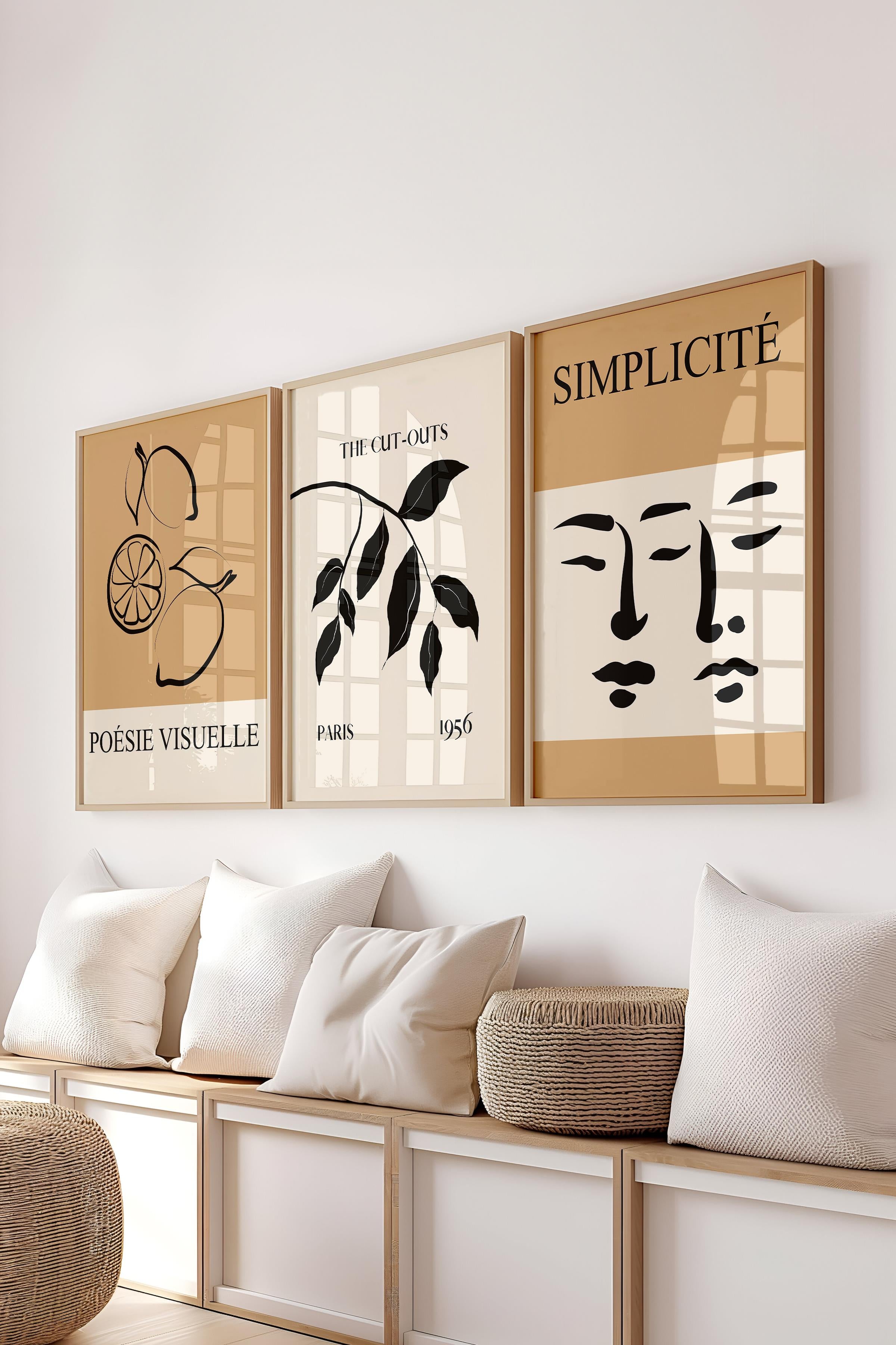 Kahverengi Minimalist Tablo Seti, 3 Adet Ahşap Çerçeve ve Poster - Mutfak, Salon, Yatak Odası Dekoru