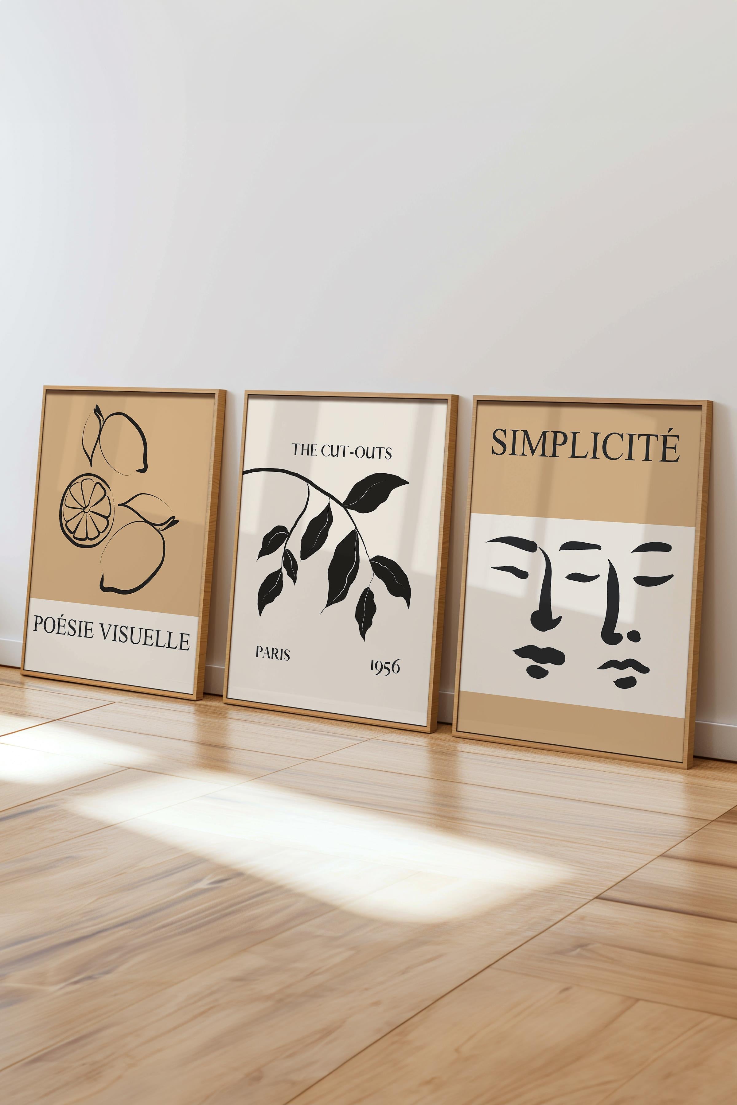 Kahverengi Minimalist Tablo Seti, 3 Adet Ahşap Çerçeve ve Poster - Mutfak, Salon, Yatak Odası Dekoru