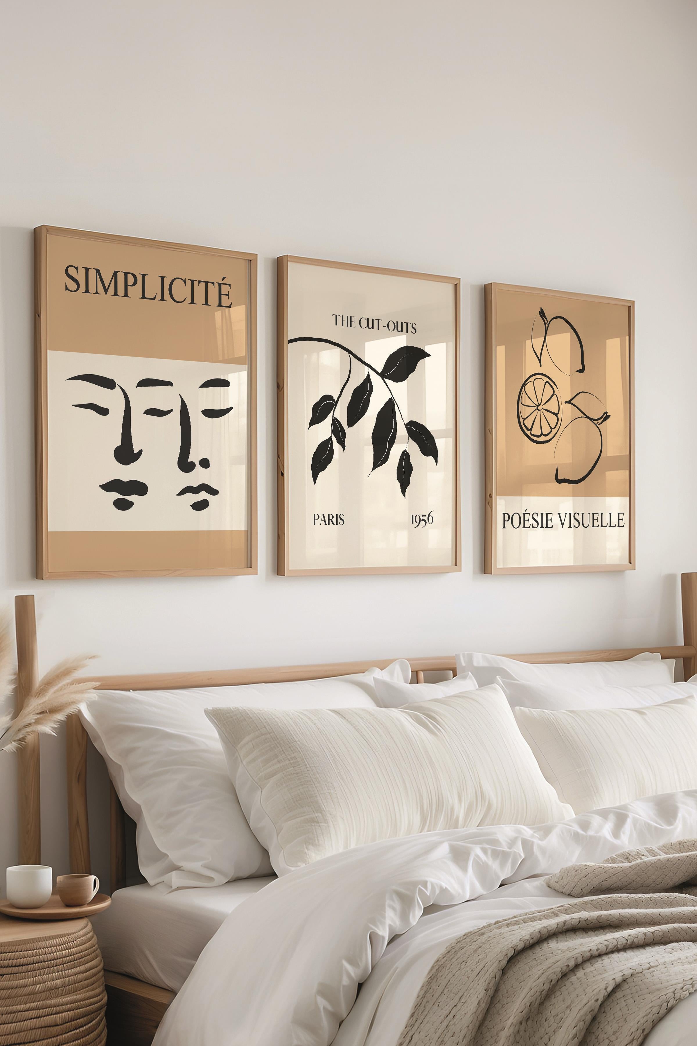 Kahverengi Minimalist Tablo Seti, 3 Adet Ahşap Çerçeve ve Poster - Mutfak, Salon, Yatak Odası Dekoru