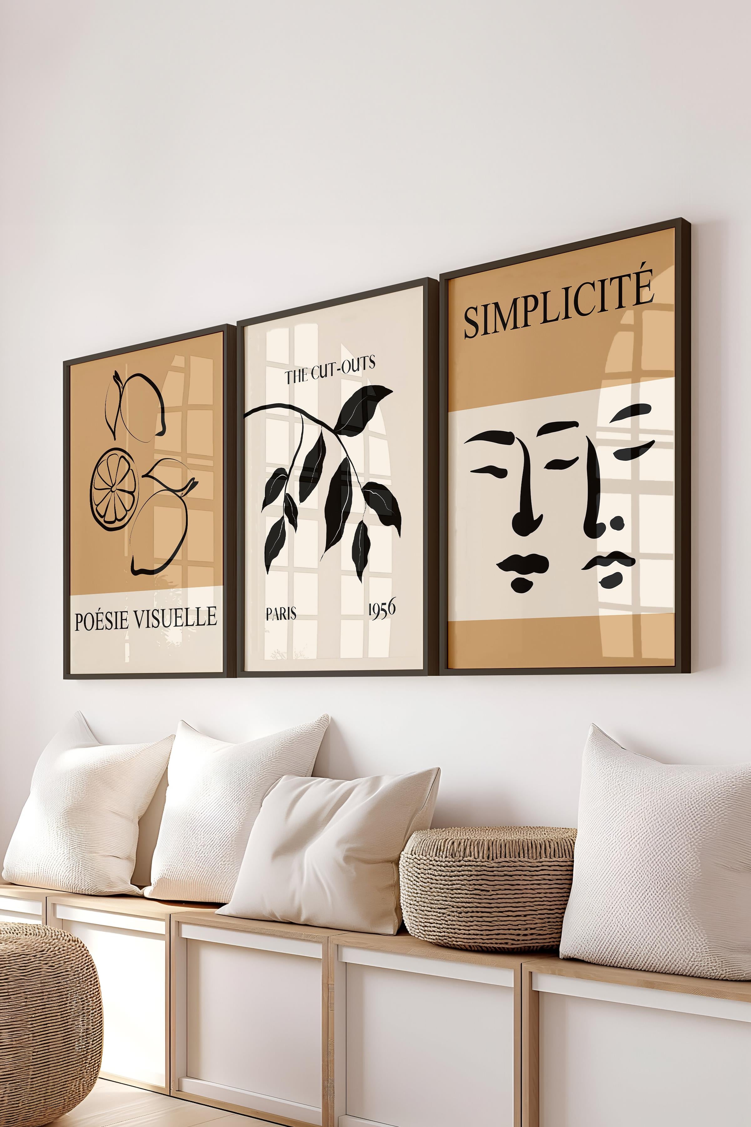 Kahverengi Minimalist Tablo Seti, 3 Adet Siyah Çerçeve ve Poster - Mutfak, Salon, Yatak Odası Dekoru