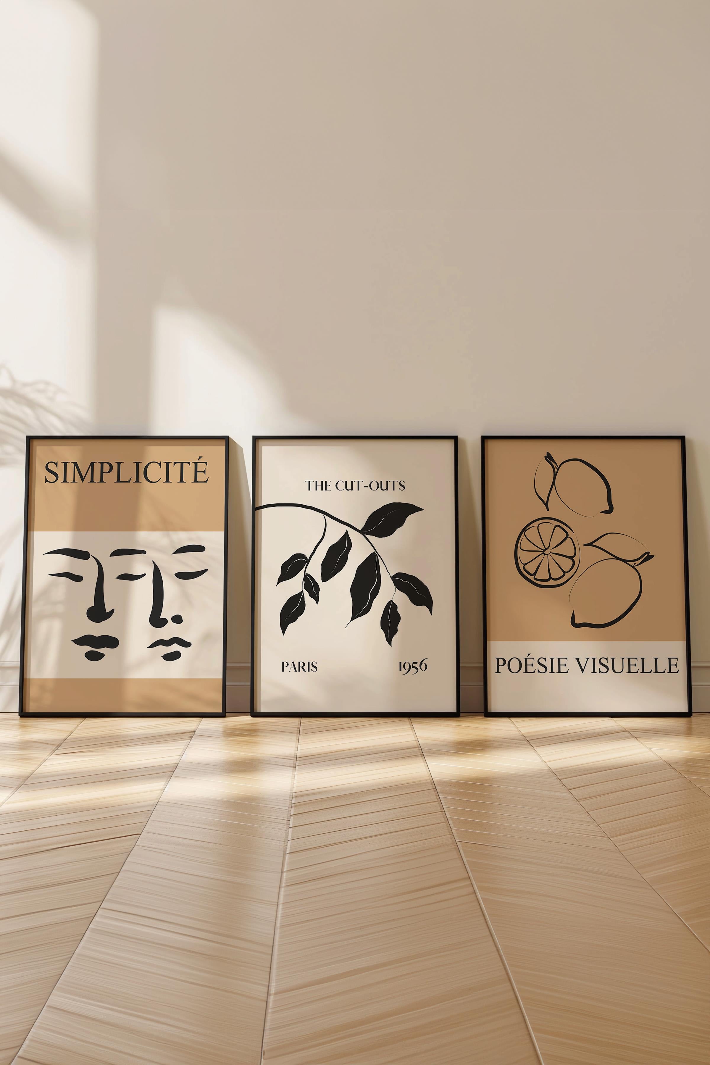 Kahverengi Minimalist Tablo Seti, 3 Adet Siyah Çerçeve ve Poster - Mutfak, Salon, Yatak Odası Dekoru