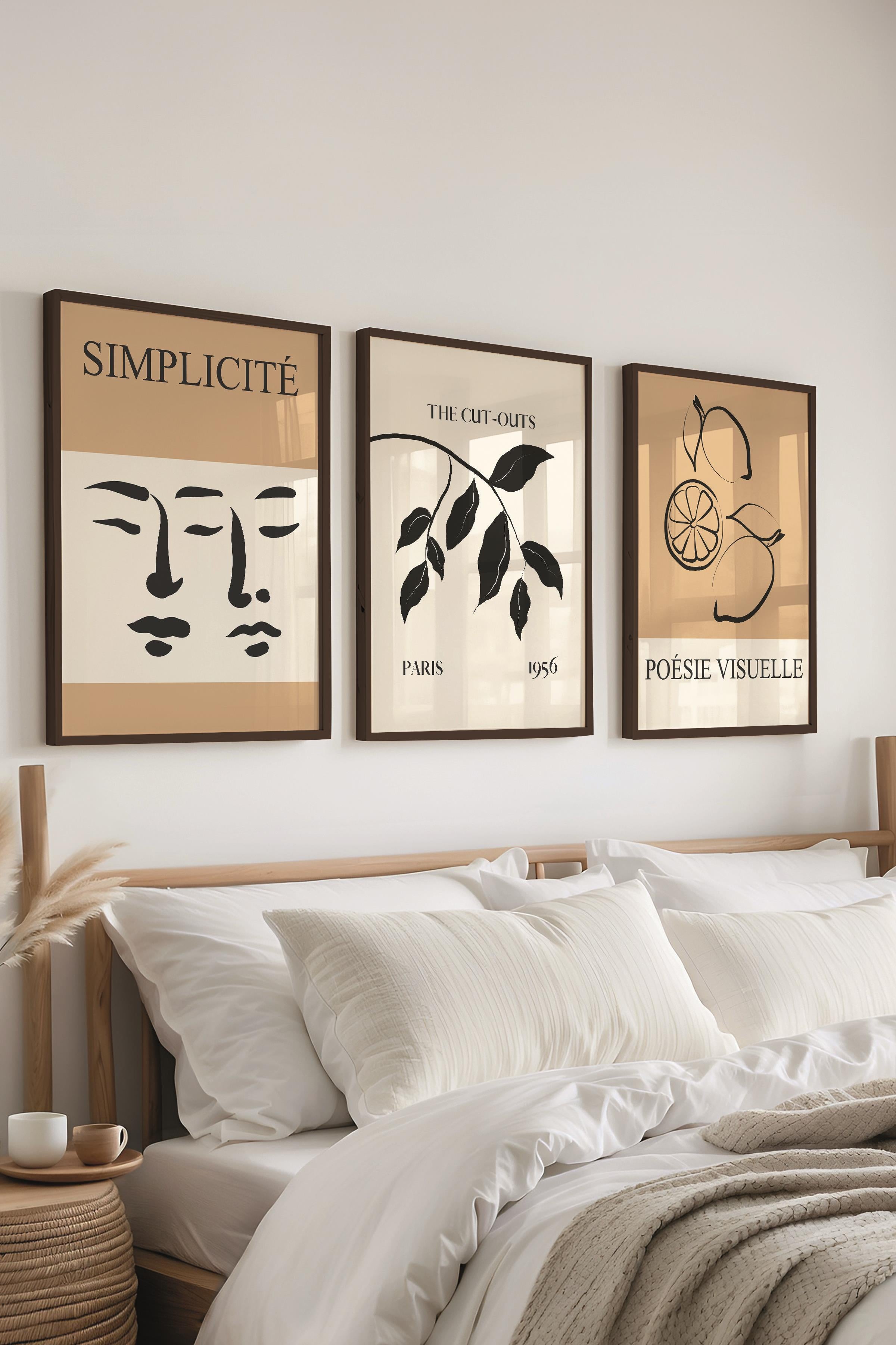 Kahverengi Minimalist Tablo Seti, 3 Adet Siyah Çerçeve ve Poster - Mutfak, Salon, Yatak Odası Dekoru