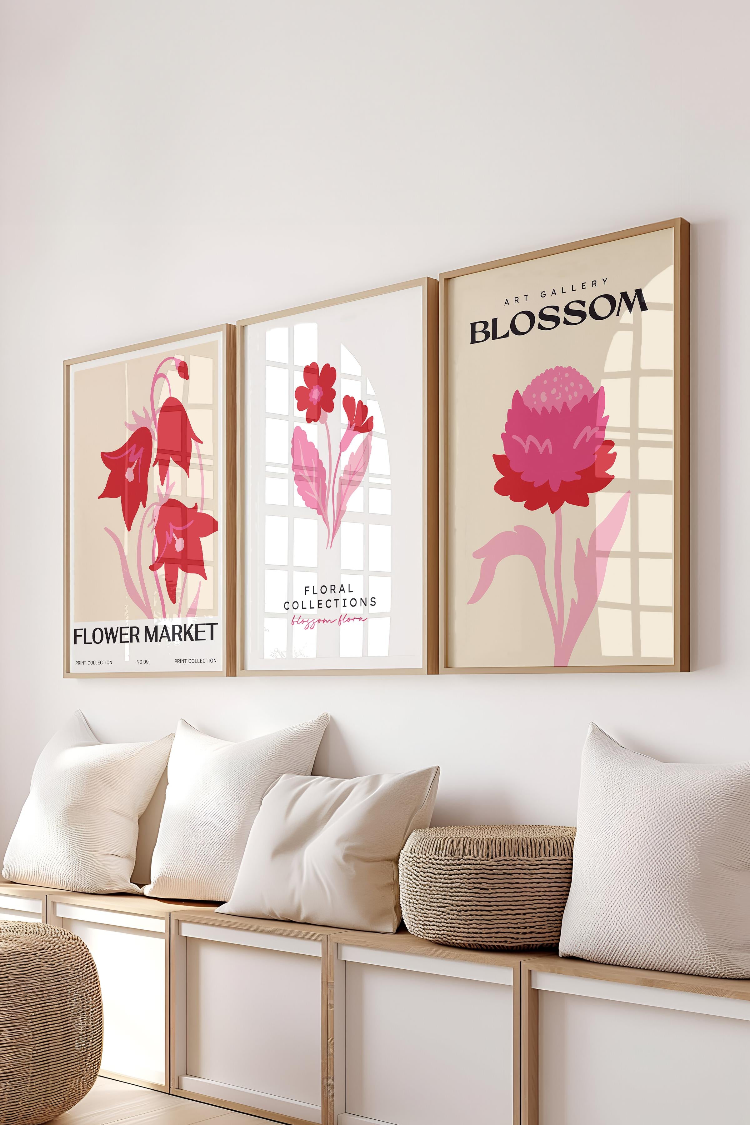 Pembe Minimalist Tablo Seti, 3 Adet Ahşap Çerçeve ve Poster - Mutfak, Salon, Yatak Odası Dekoru