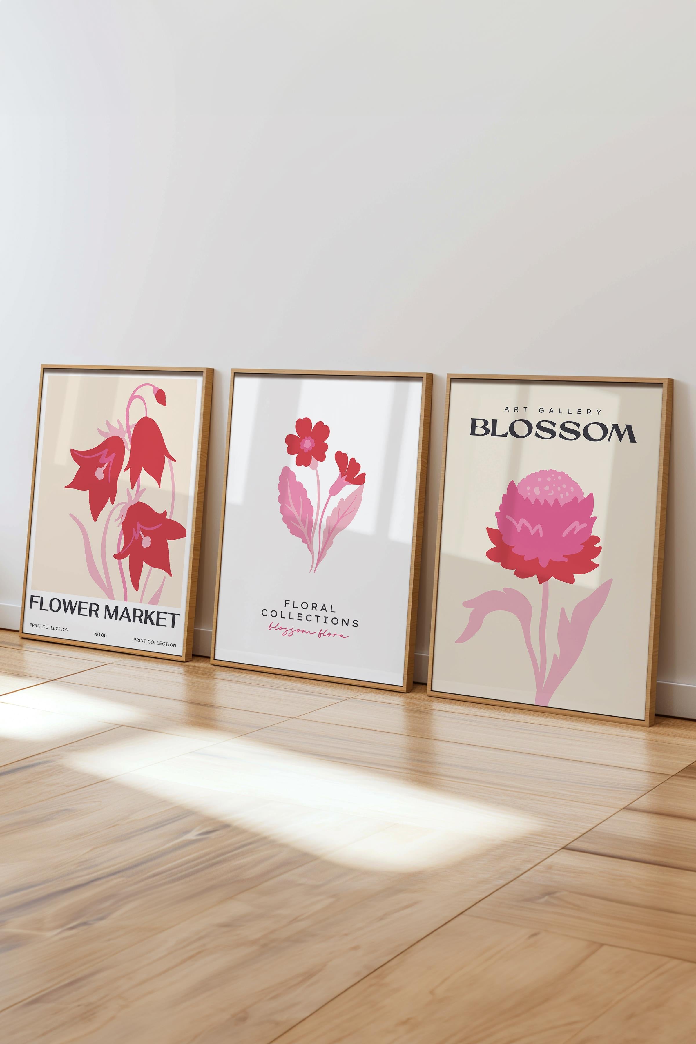 Pembe Minimalist Tablo Seti, 3 Adet Ahşap Çerçeve ve Poster - Mutfak, Salon, Yatak Odası Dekoru