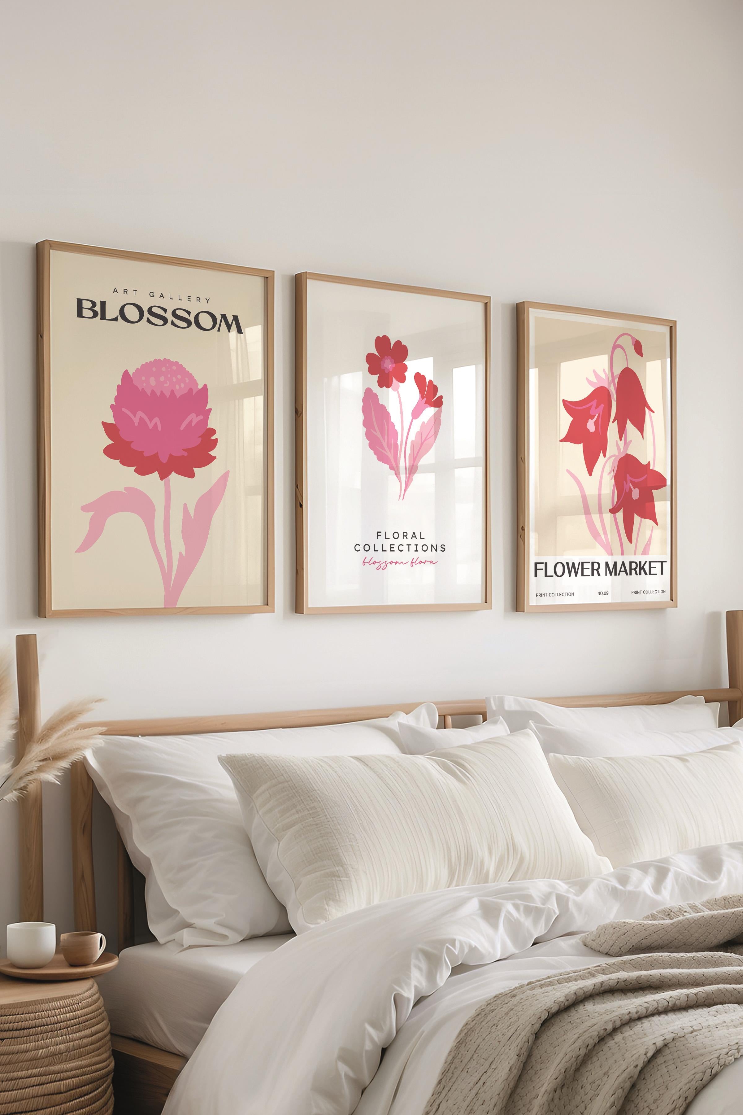 Pembe Minimalist Tablo Seti, 3 Adet Ahşap Çerçeve ve Poster - Mutfak, Salon, Yatak Odası Dekoru