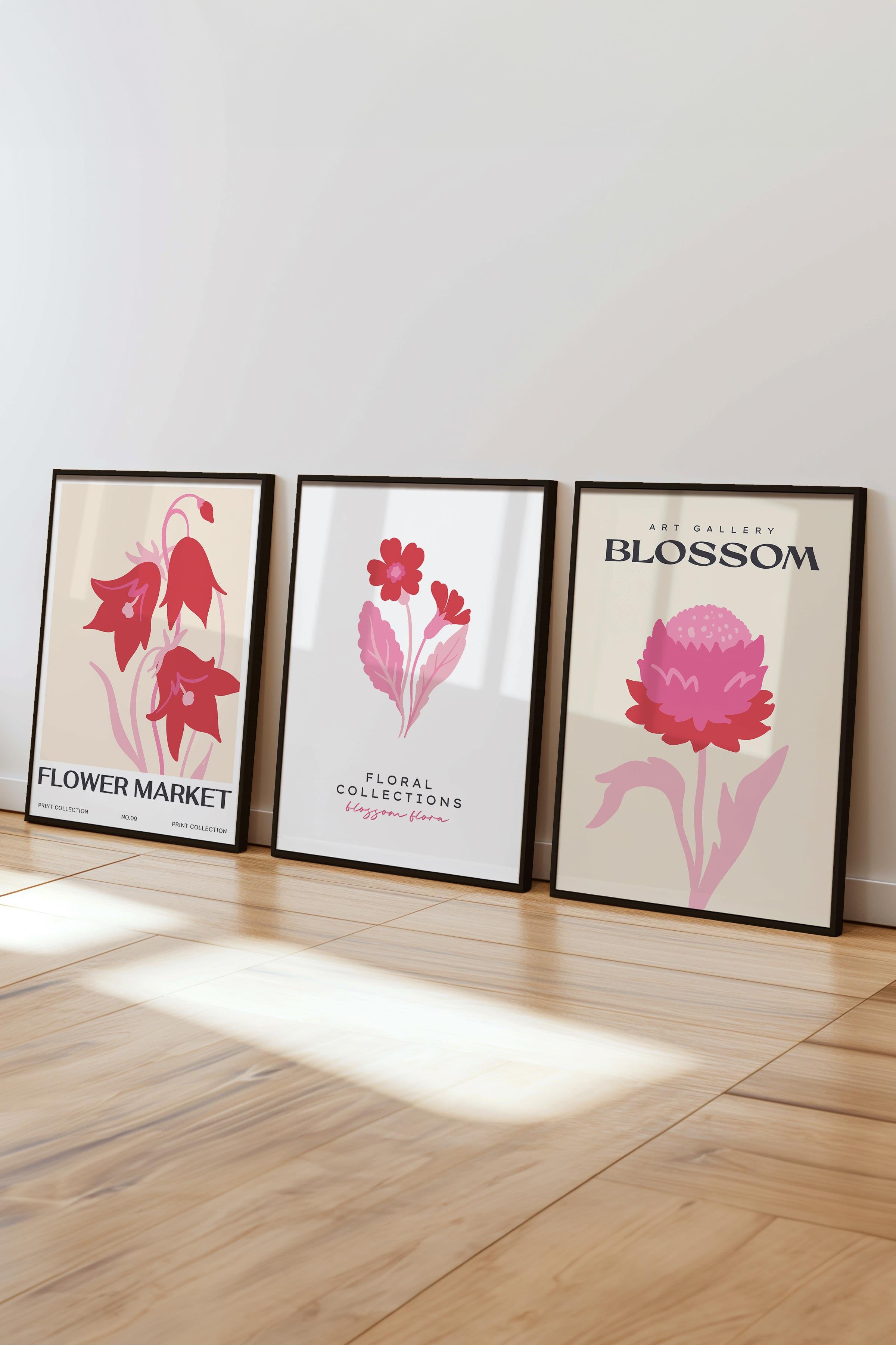 Pembe Minimalist Tablo Seti, 3 Adet Siyah Çerçeve ve Poster - Mutfak, Salon, Yatak Odası Dekoru