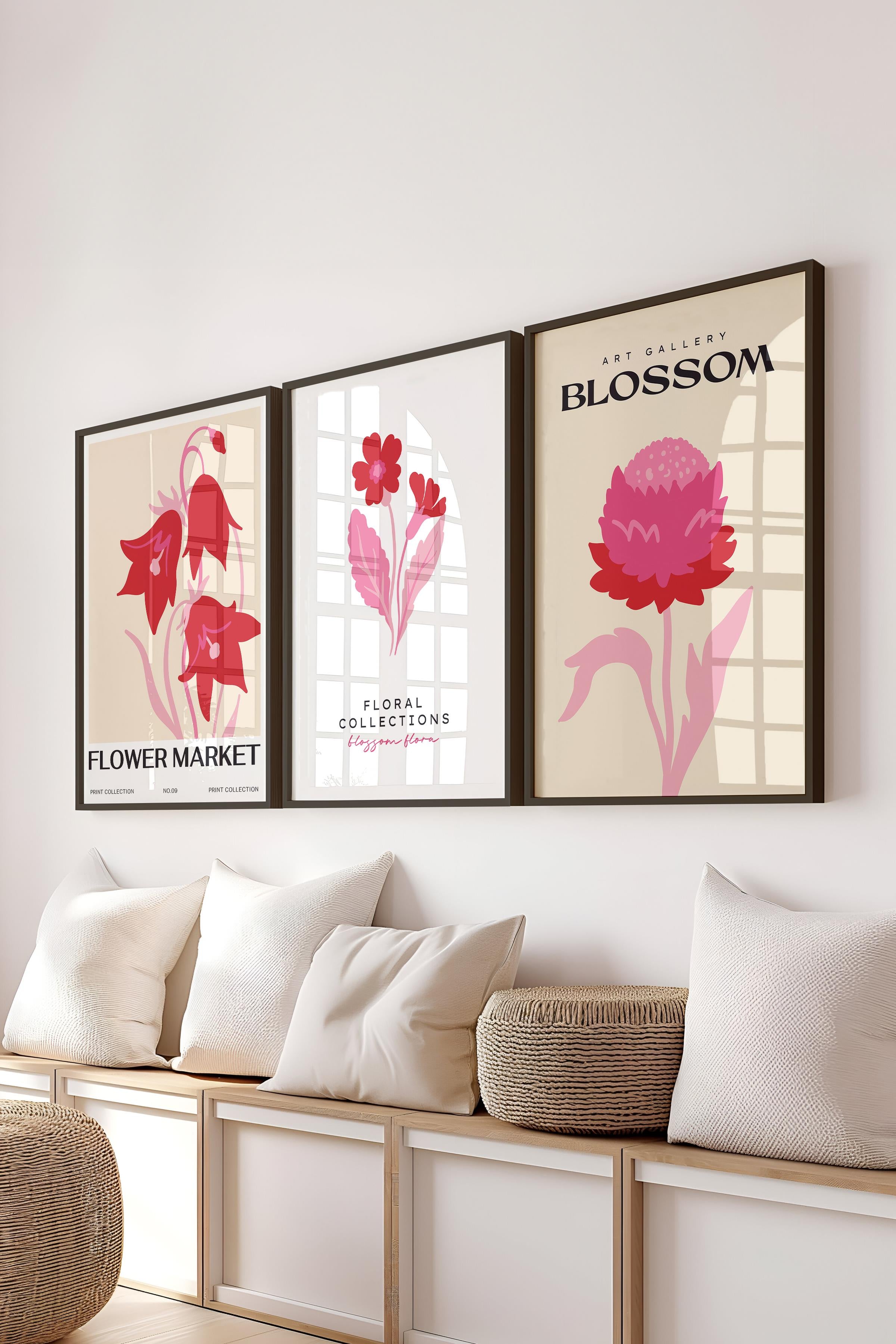 Pembe Minimalist Tablo Seti, 3 Adet Siyah Çerçeve ve Poster - Mutfak, Salon, Yatak Odası Dekoru