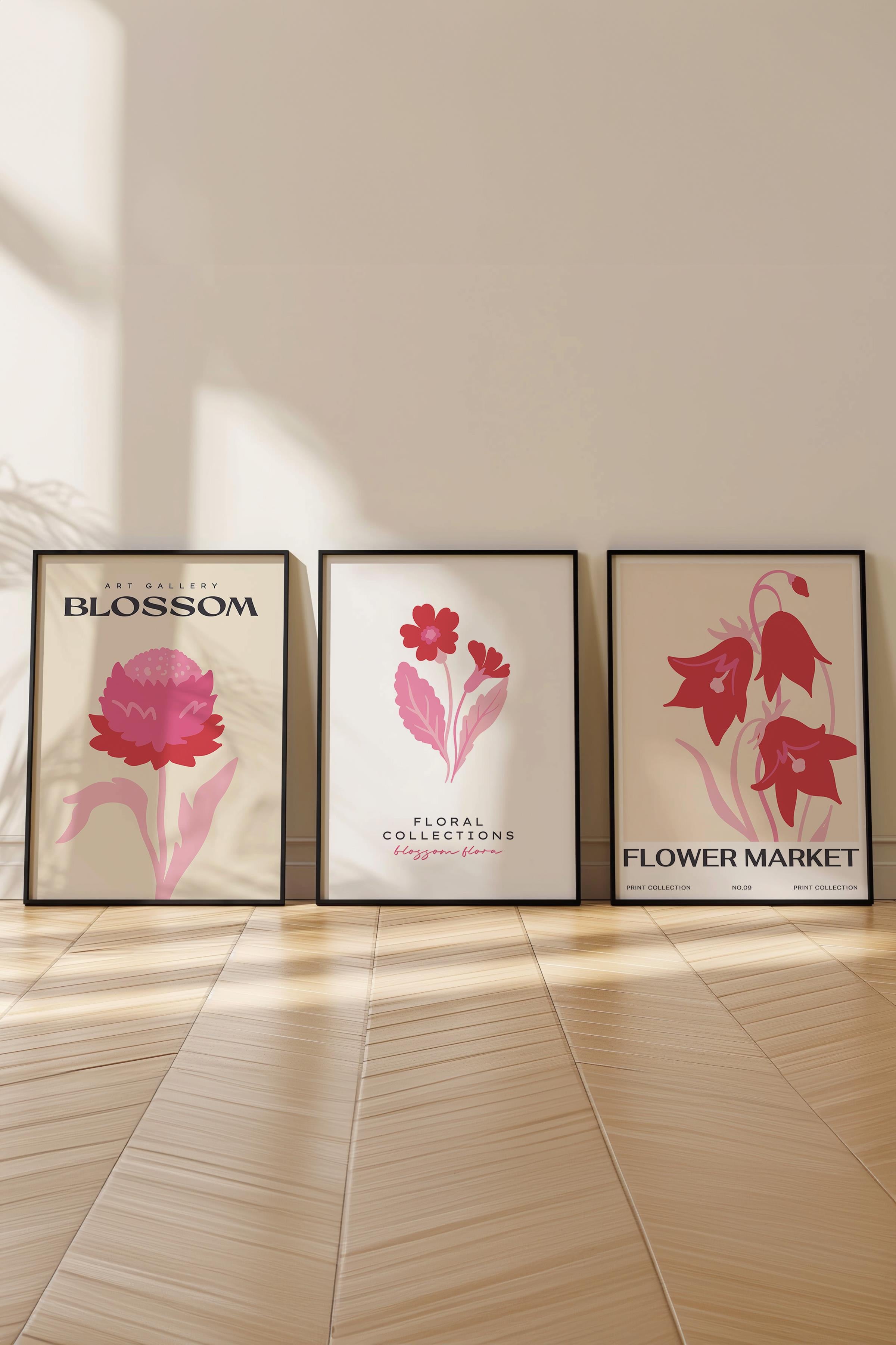 Pembe Minimalist Tablo Seti, 3 Adet Siyah Çerçeve ve Poster - Mutfak, Salon, Yatak Odası Dekoru