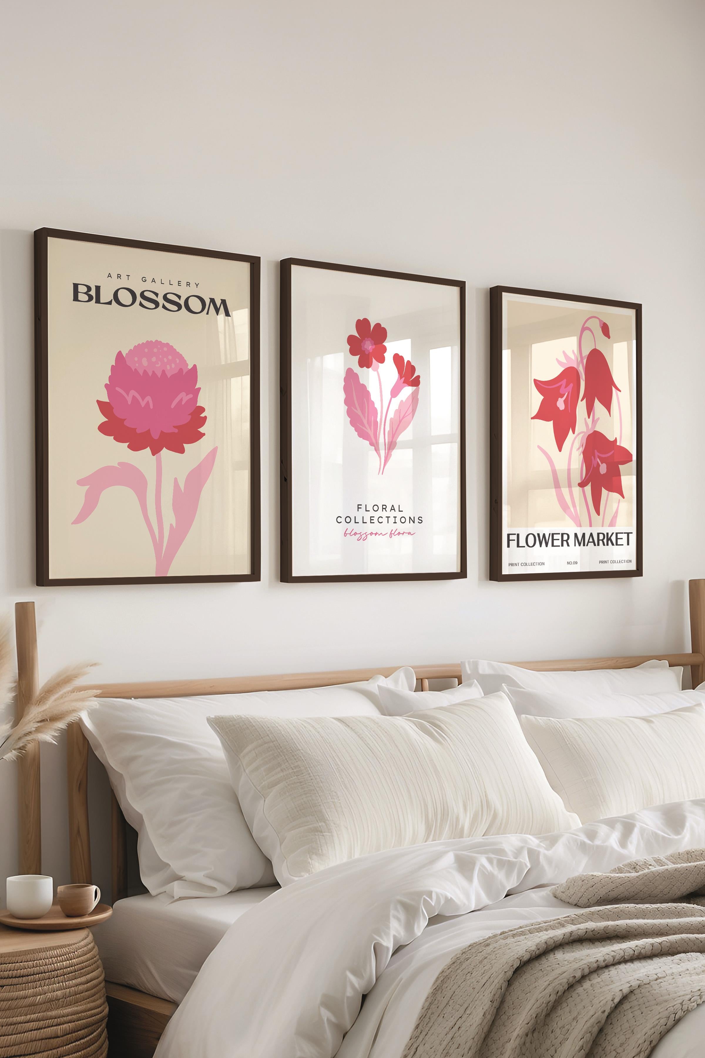 Pembe Minimalist Tablo Seti, 3 Adet Siyah Çerçeve ve Poster - Mutfak, Salon, Yatak Odası Dekoru