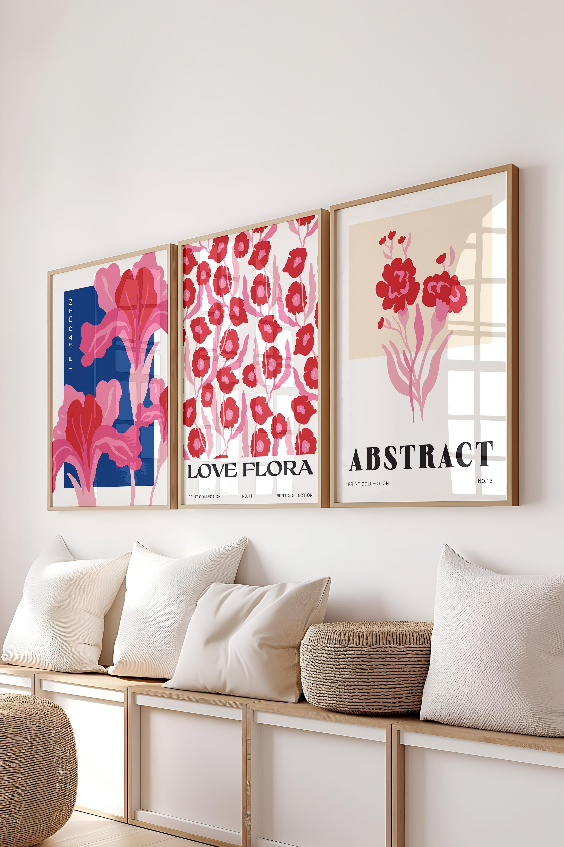Pembe Minimalist Tablo Seti, 3 Adet Ahşap Çerçeve ve Poster - Mutfak, Salon, Yatak Odası Dekoru