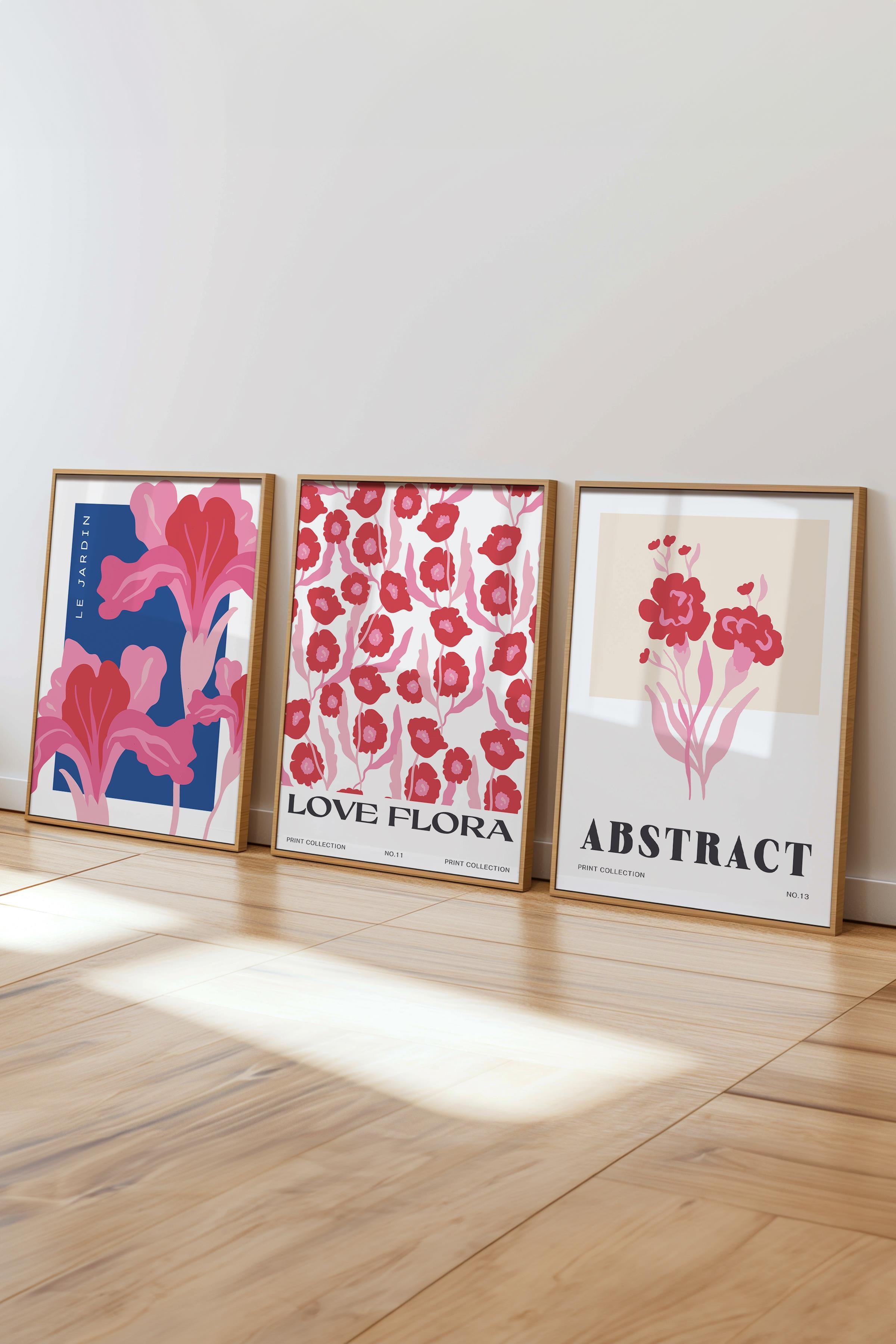 Pembe Minimalist Tablo Seti, 3 Adet Ahşap Çerçeve ve Poster - Mutfak, Salon, Yatak Odası Dekoru