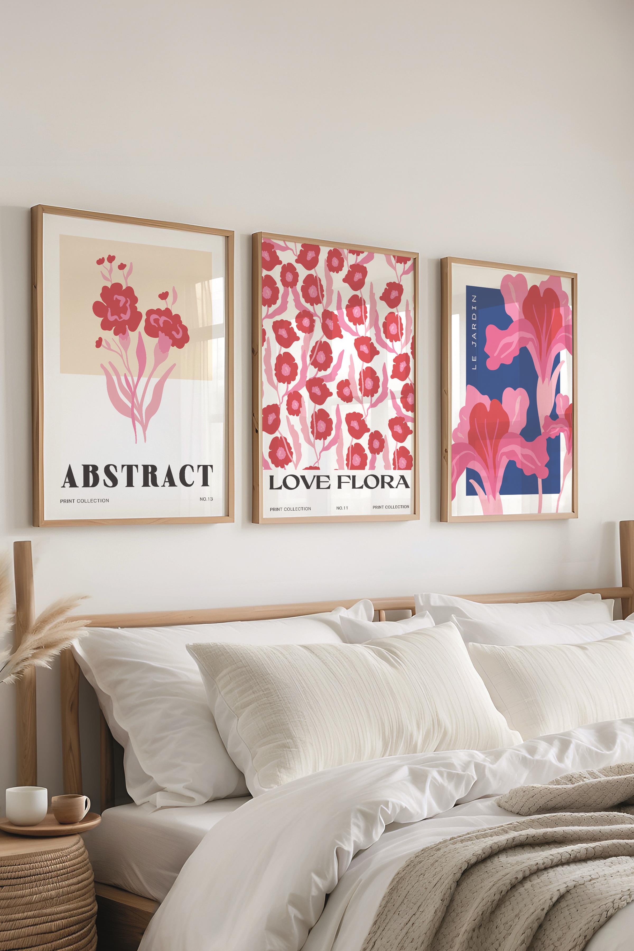 Pembe Minimalist Tablo Seti, 3 Adet Ahşap Çerçeve ve Poster - Mutfak, Salon, Yatak Odası Dekoru