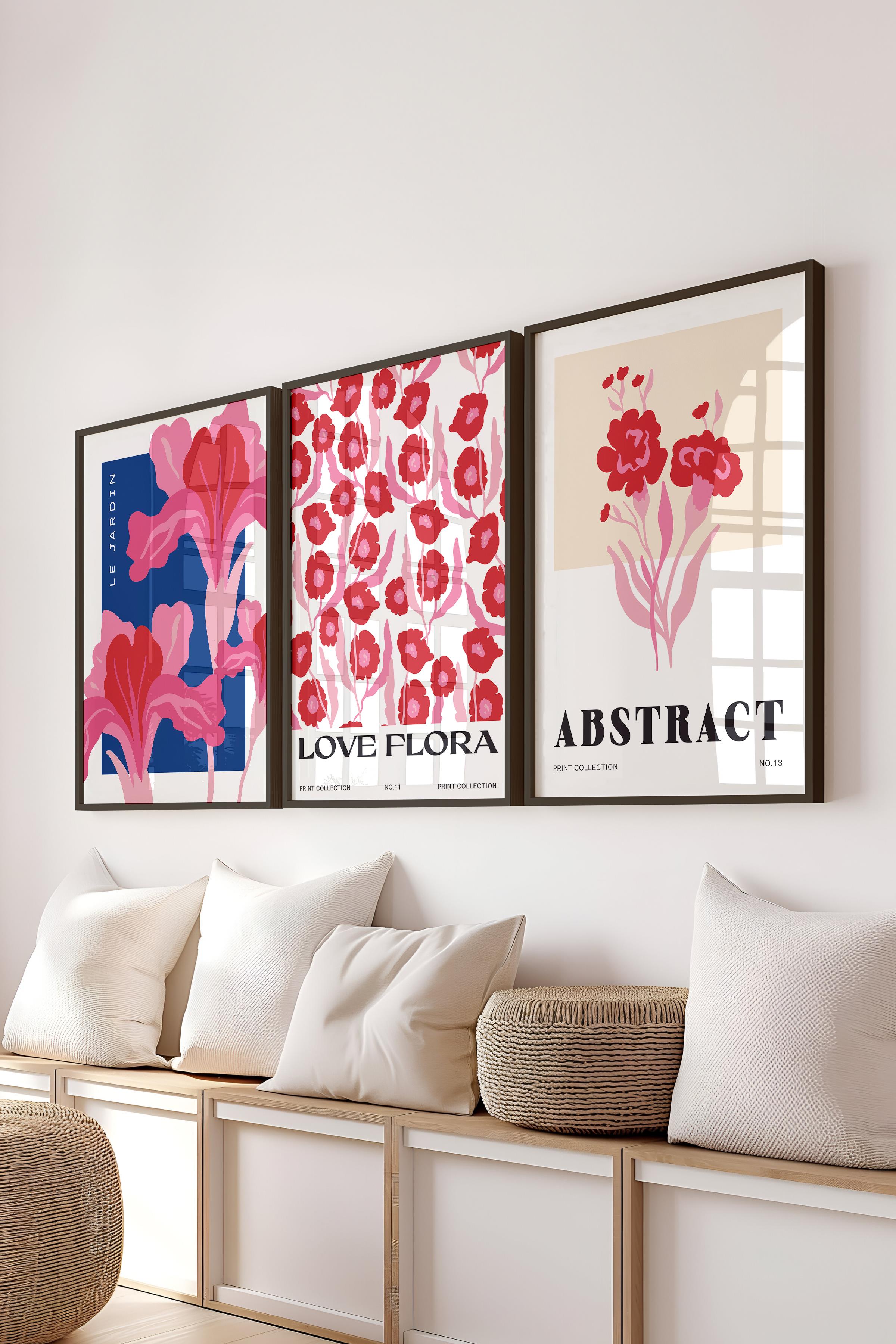 Pembe Minimalist Tablo Seti, 3 Adet Siyah Çerçeve ve Poster - Mutfak, Salon, Yatak Odası Dekoru