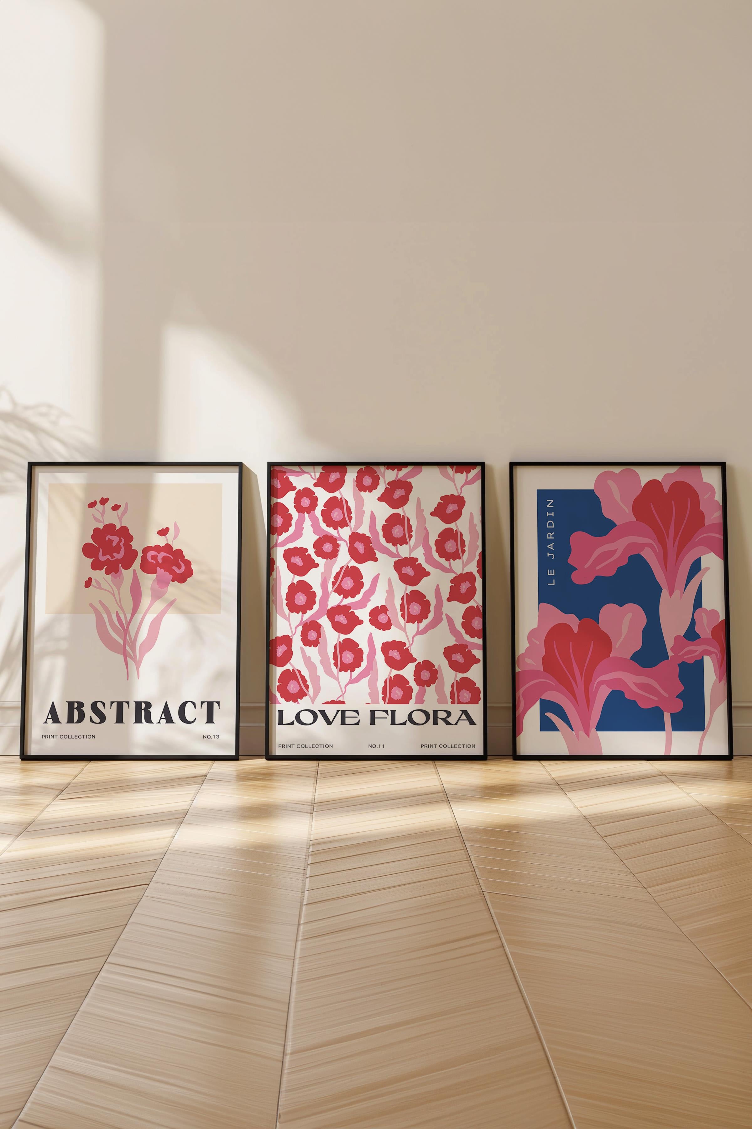 Pembe Minimalist Tablo Seti, 3 Adet Siyah Çerçeve ve Poster - Mutfak, Salon, Yatak Odası Dekoru
