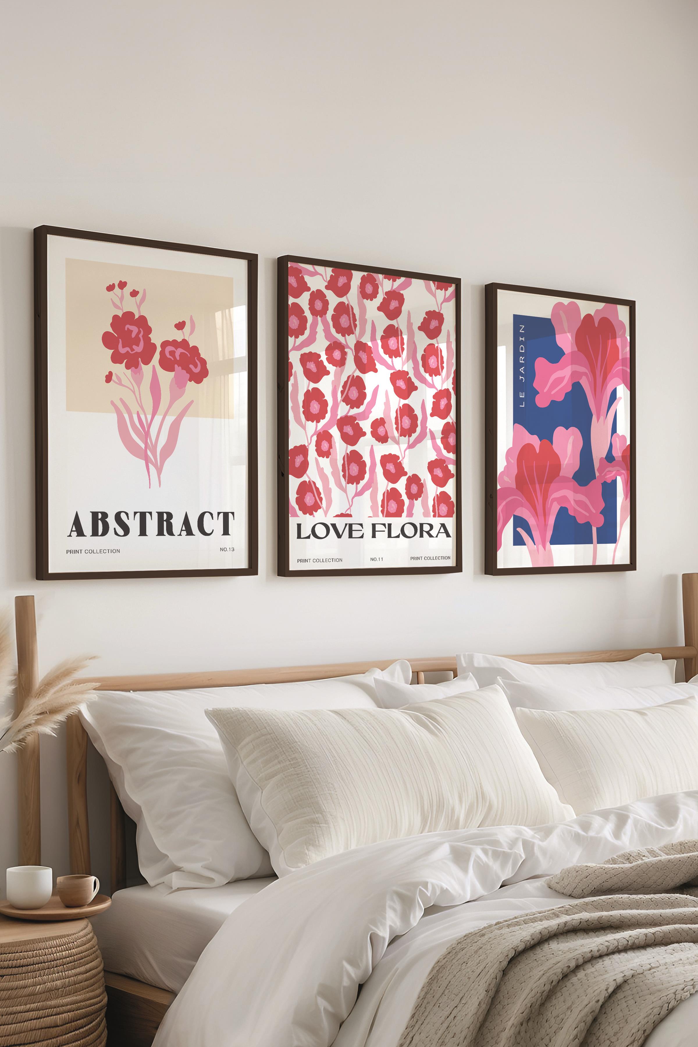 Pembe Minimalist Tablo Seti, 3 Adet Siyah Çerçeve ve Poster - Mutfak, Salon, Yatak Odası Dekoru