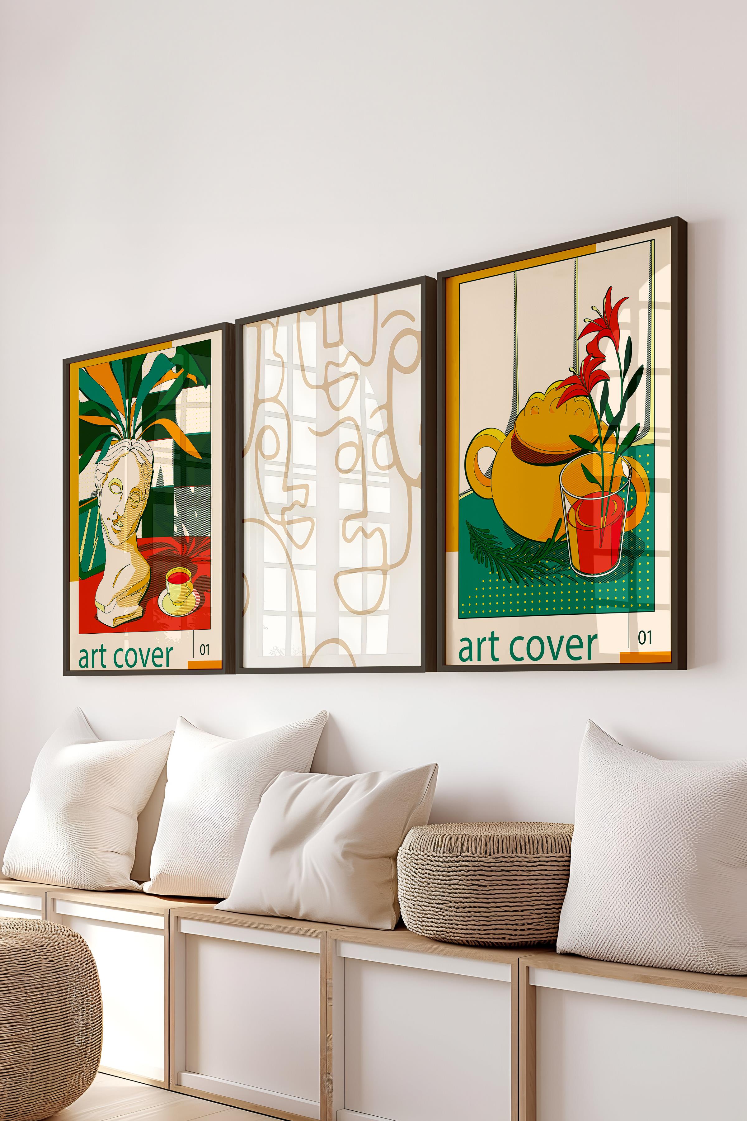 Minimalist Tablo Seti, 3 Adet Siyah Çerçeve ve Poster - Mutfak, Salon, Yatak Odası Duvar Dekoru