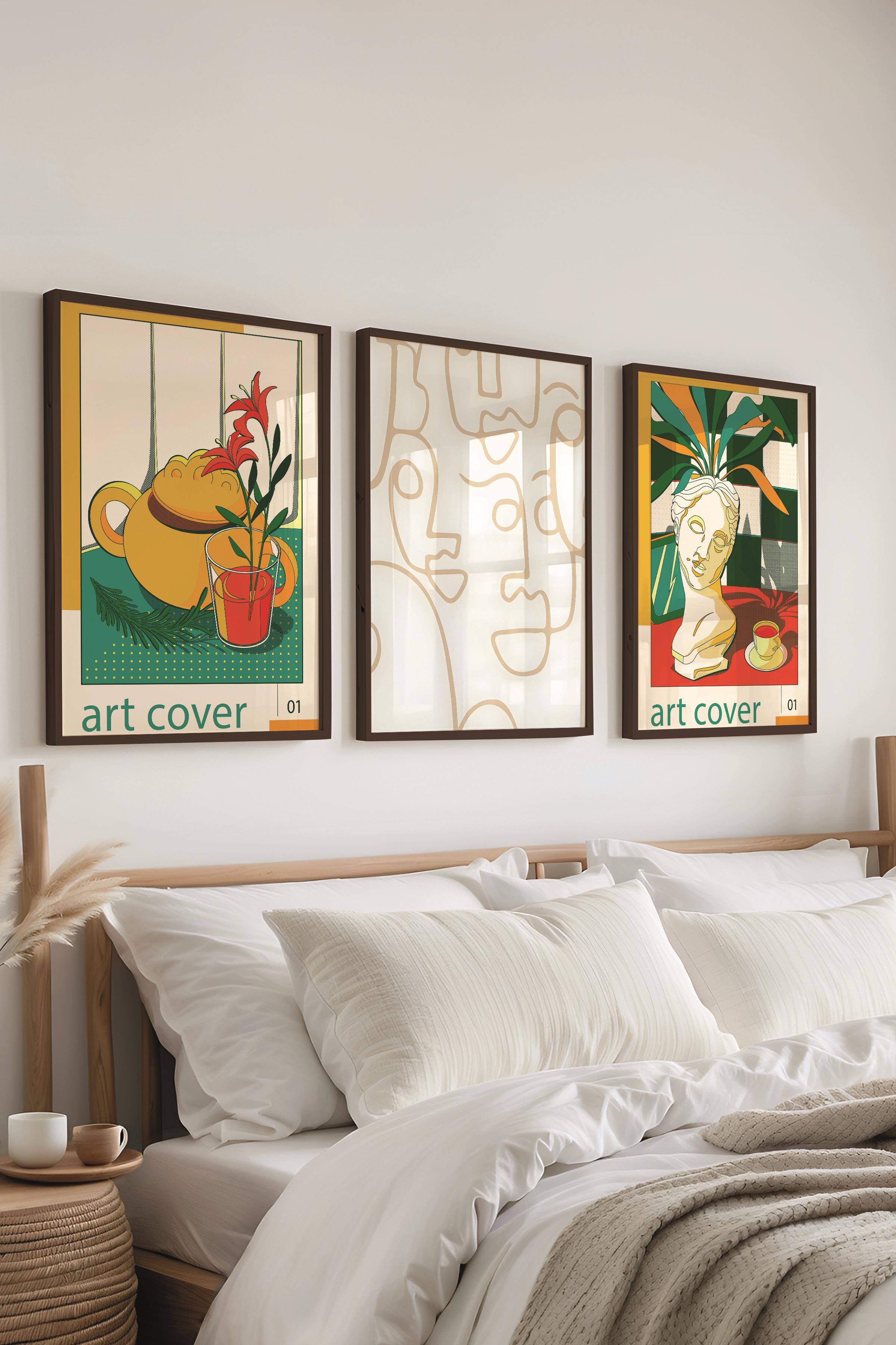 Minimalist Tablo Seti, 3 Adet Siyah Çerçeve ve Poster - Mutfak, Salon, Yatak Odası Duvar Dekoru