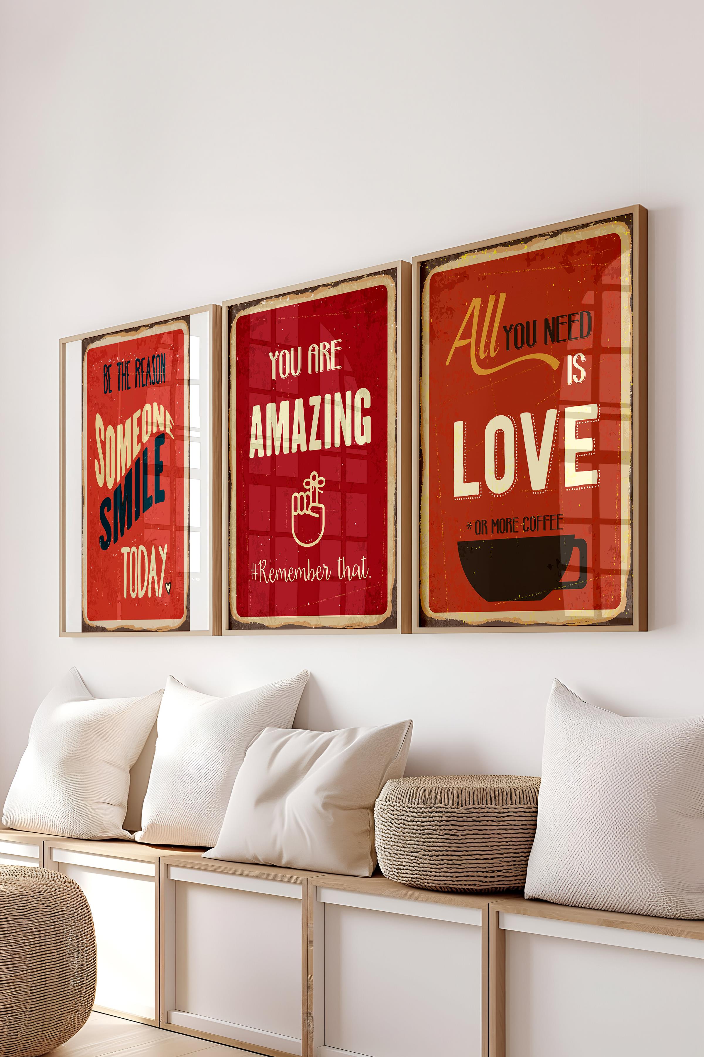 Vintage Kırmızı Tablo Seti, 3 Adet Ahşap Çerçeve ve Poster - Mutfak, Salon, Yatak Odası Duvar Dekoru