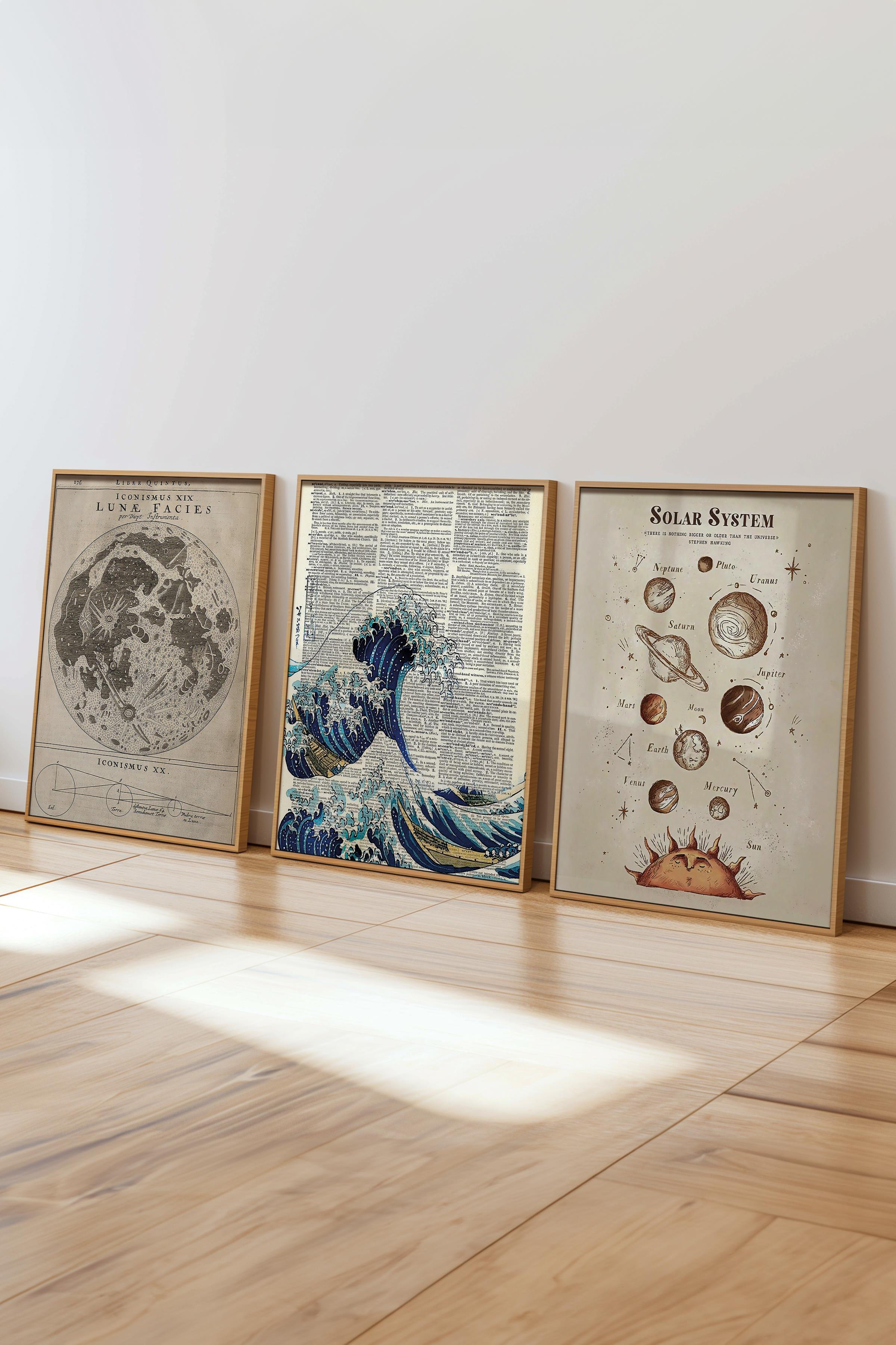 Vintage Tablo Seti, 3 Adet Ahşap Çerçeve ve Poster - Yatak Odası, Mutfak, Salon Duvar Dekorasyon