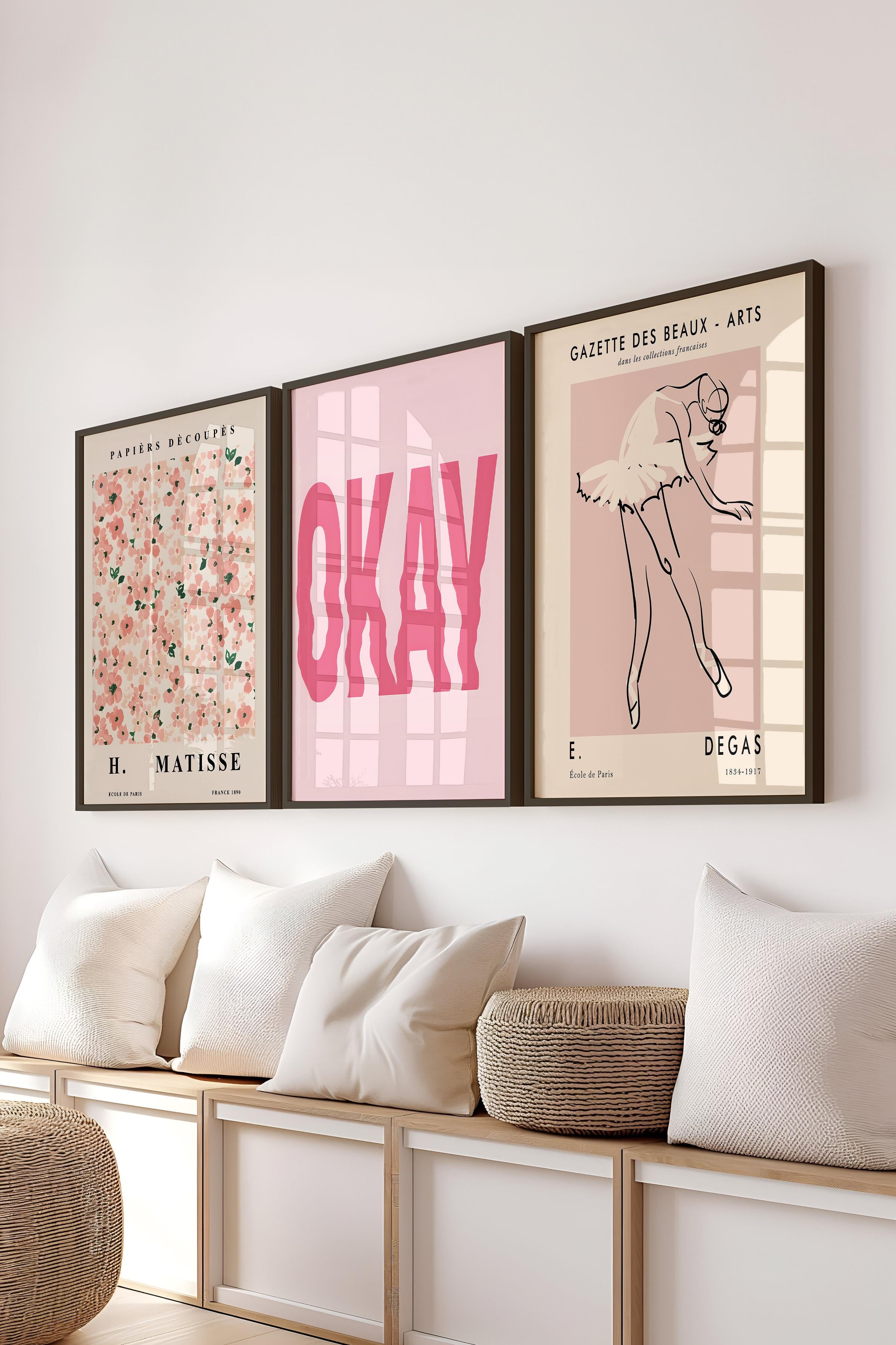Pembe Tablo Seti, 3 Adet Siyah Çerçeve ve Poster - Yatak Odası Dekoru, Mutfak, Salon Duvar Dekoru