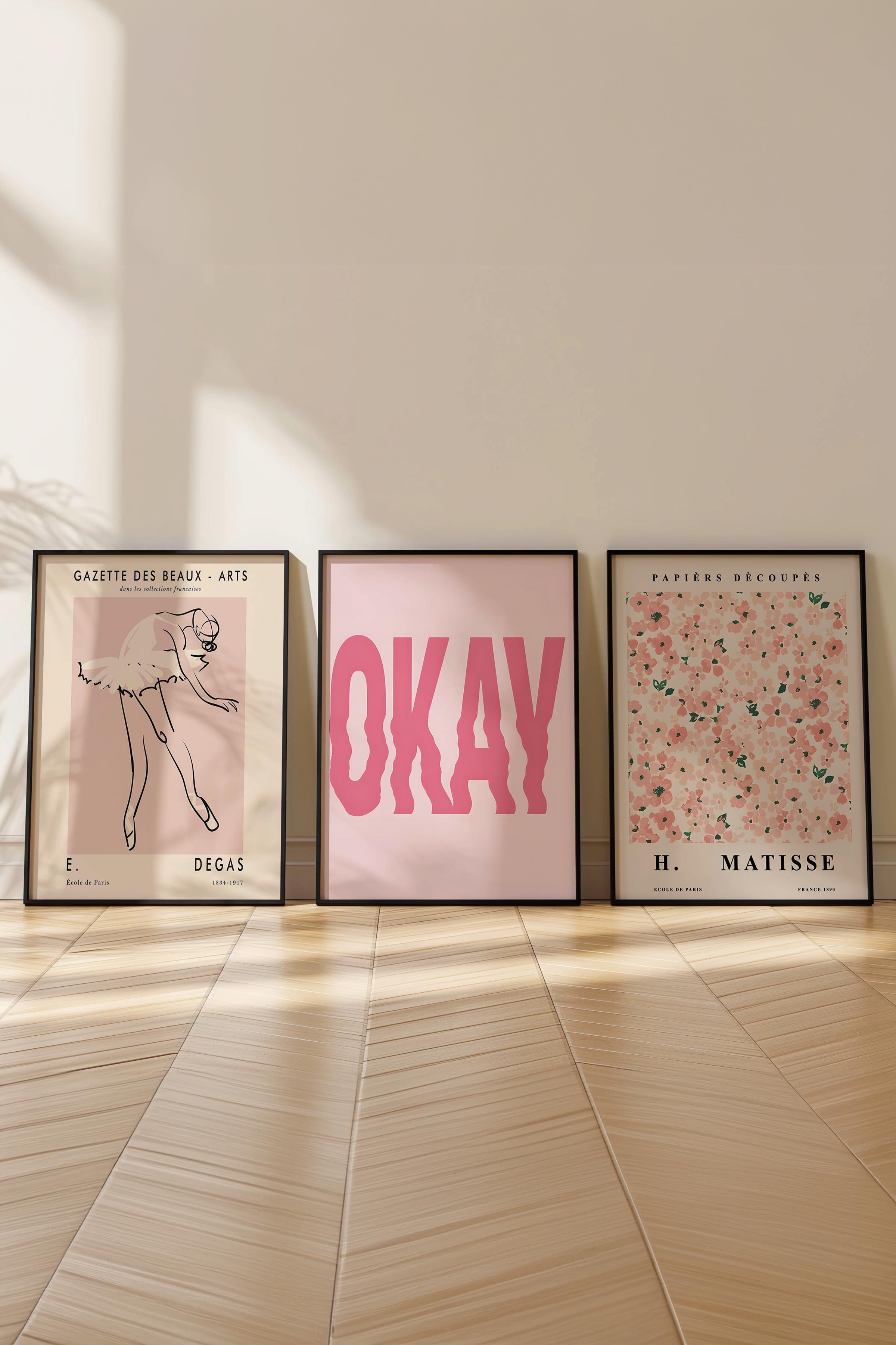 Pembe Tablo Seti, 3 Adet Siyah Çerçeve ve Poster - Yatak Odası Dekoru, Mutfak, Salon Duvar Dekoru