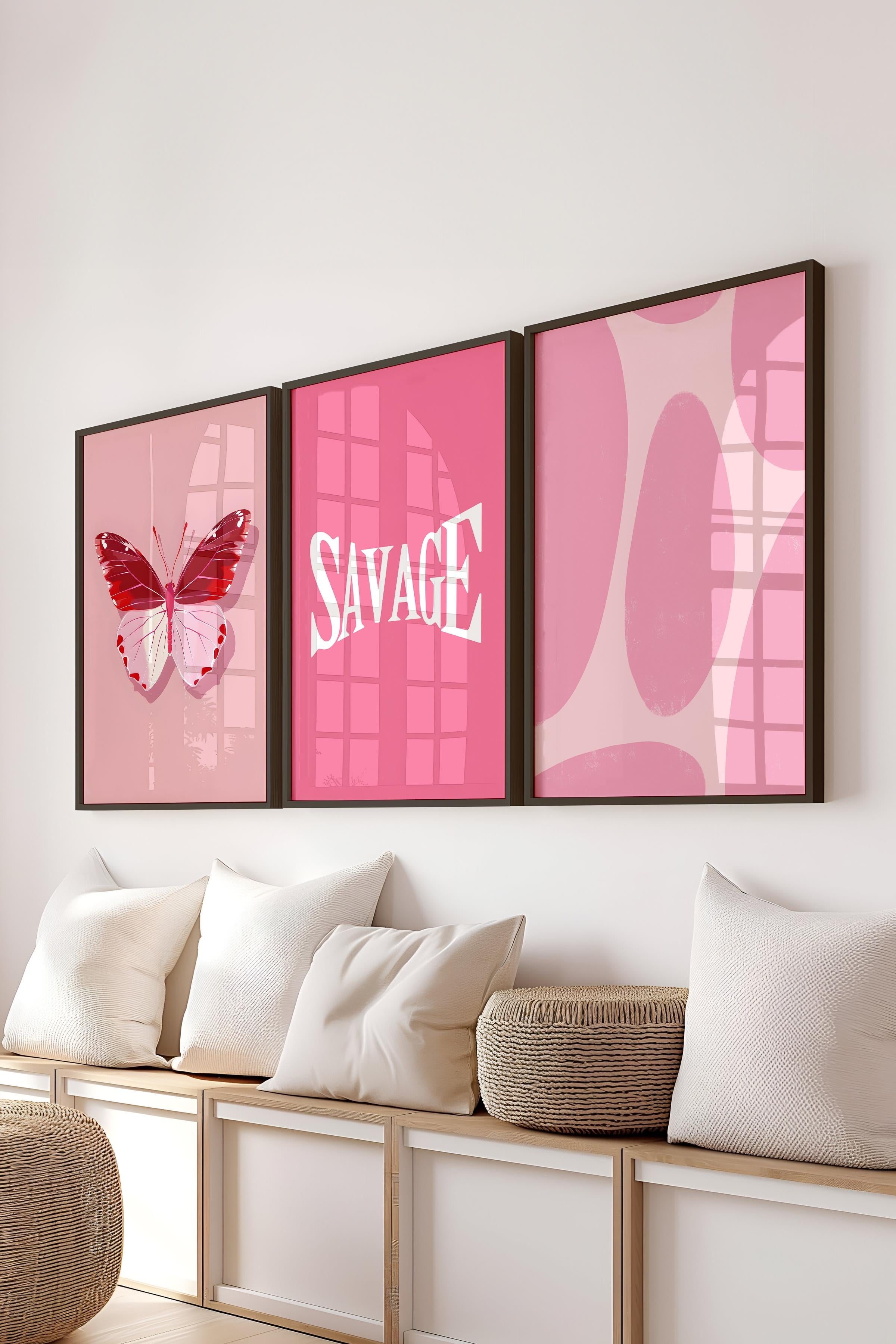 Pembe Tablo Seti, 3 Adet Siyah Çerçeve ve Poster - Yatak Odası Dekoru, Mutfak, Salon Duvar Dekoru