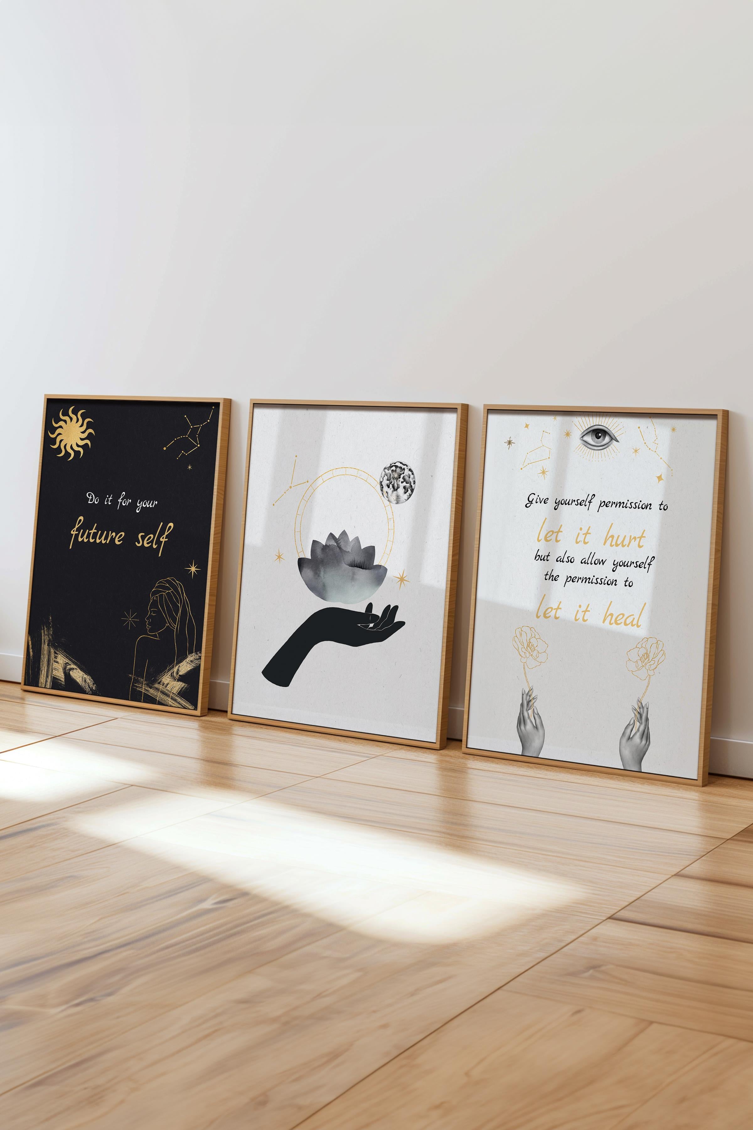 Vintage Tablo Seti, 3 Adet Ahşap Çerçeve ve Tarot Poster - Yatak Odası, Mutfak, Salon Duvar Dekoru