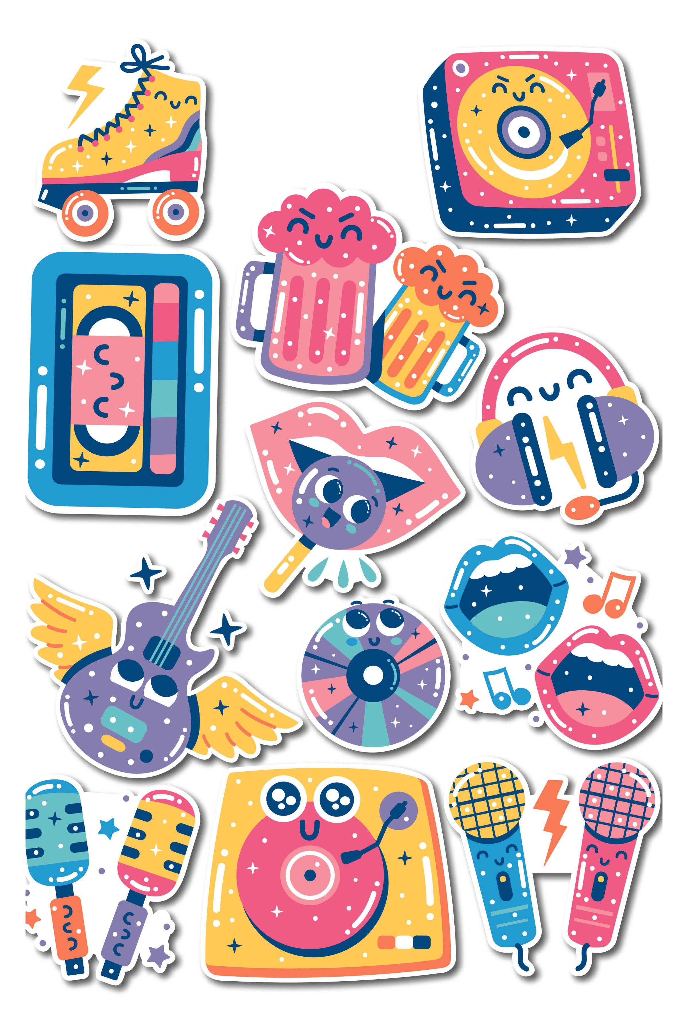 90'lar Müzik Temalı Sticker ve Etiket Seti - Orta Boy - Su Geçirmez, Kalın Yapışkanlı Sticker Seti