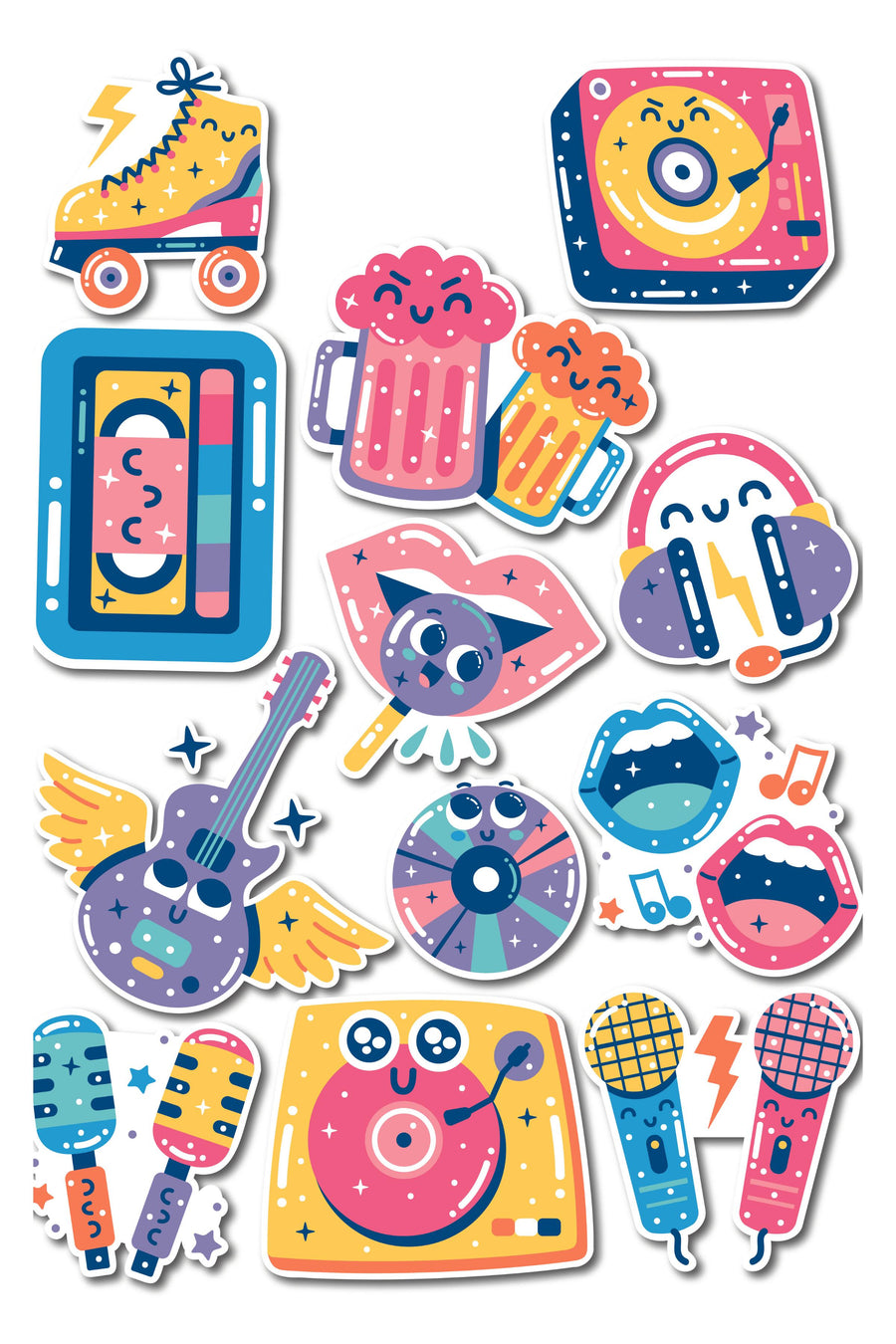 90'lar Müzik Temalı Sticker ve Etiket Seti - Orta Boy - Su Geçirmez, Kalın Yapışkanlı Sticker Seti