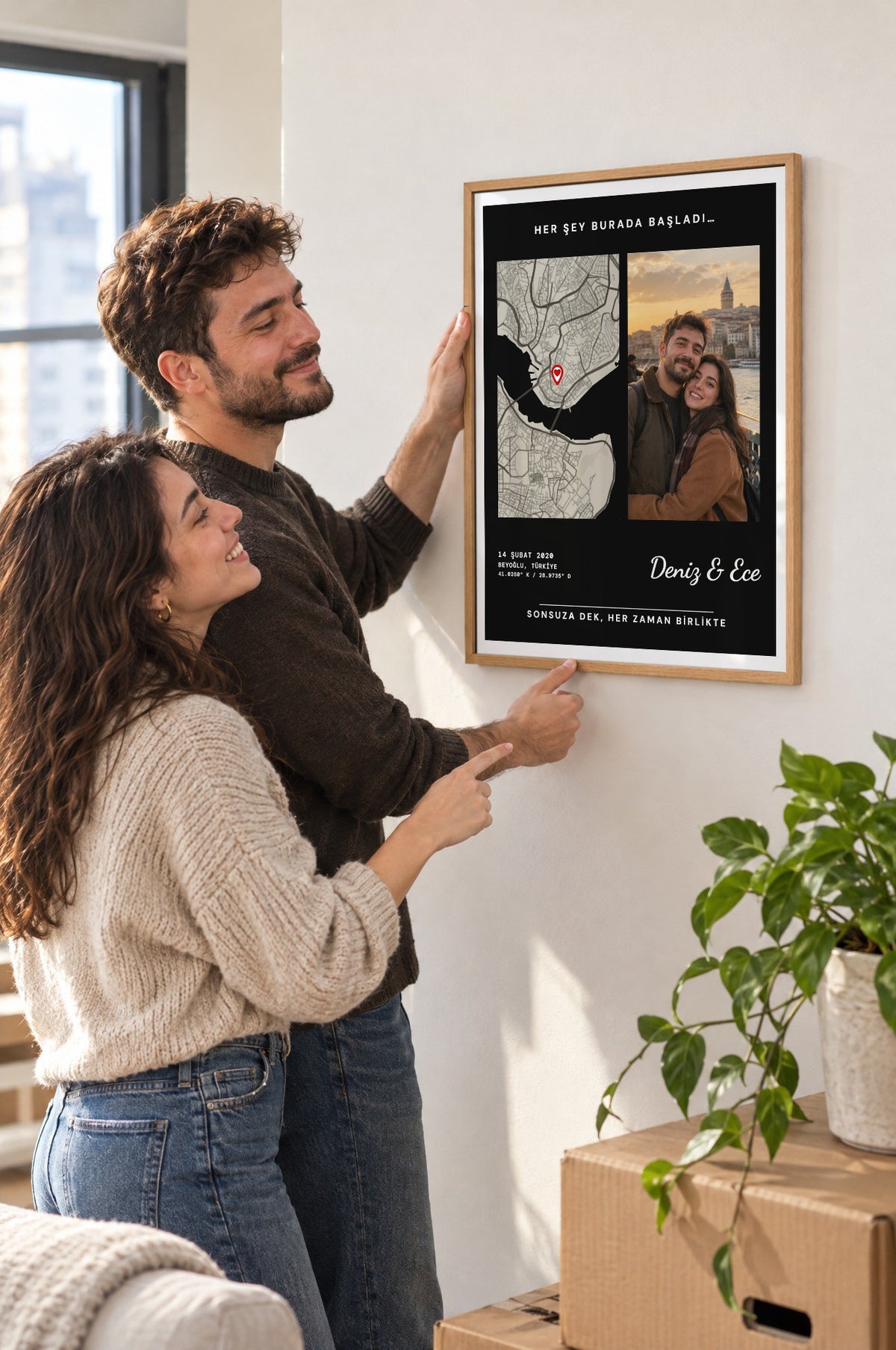Fotoğraflı Koyu Anı Haritası Tablosu – yaşam, Ahşap çerçeve