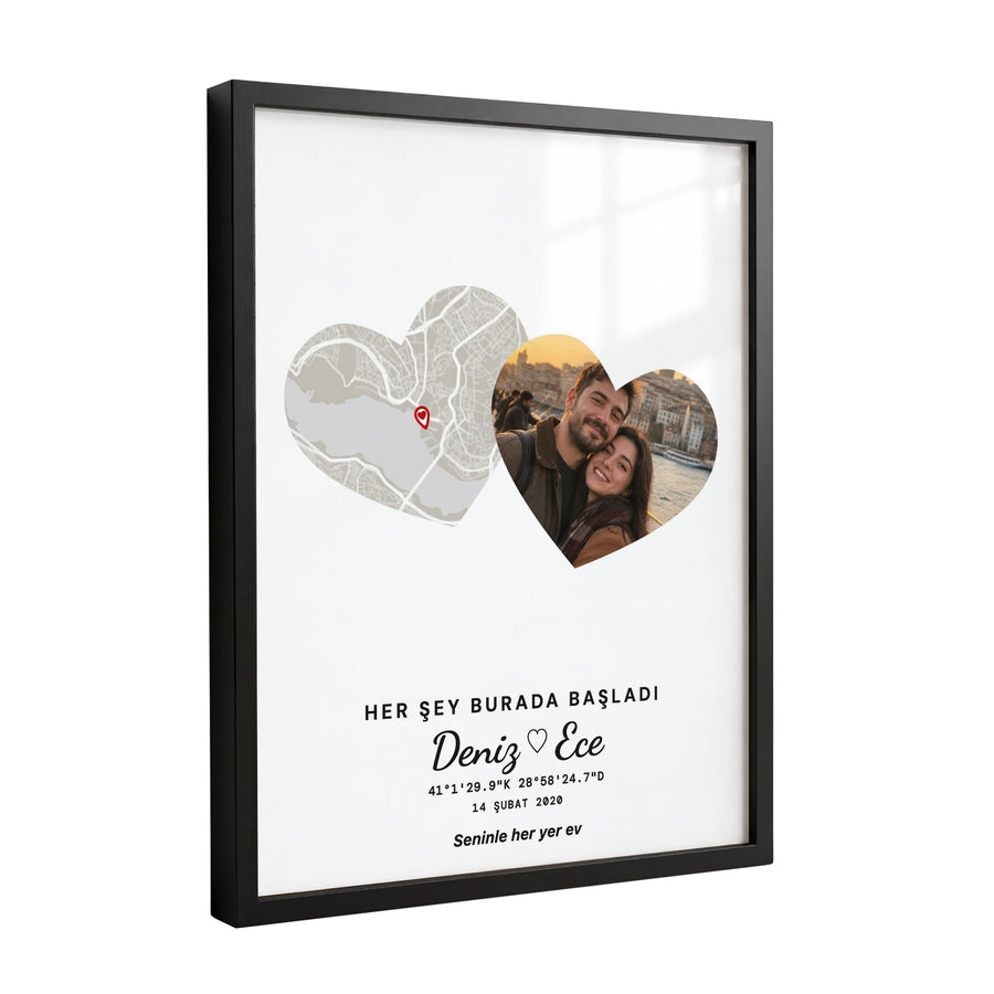 Fotoğraflı Kalp Açık Anı Haritası Tablosu – Siyah Çerçeve, Kişiye Özel Konum Haritası Poster