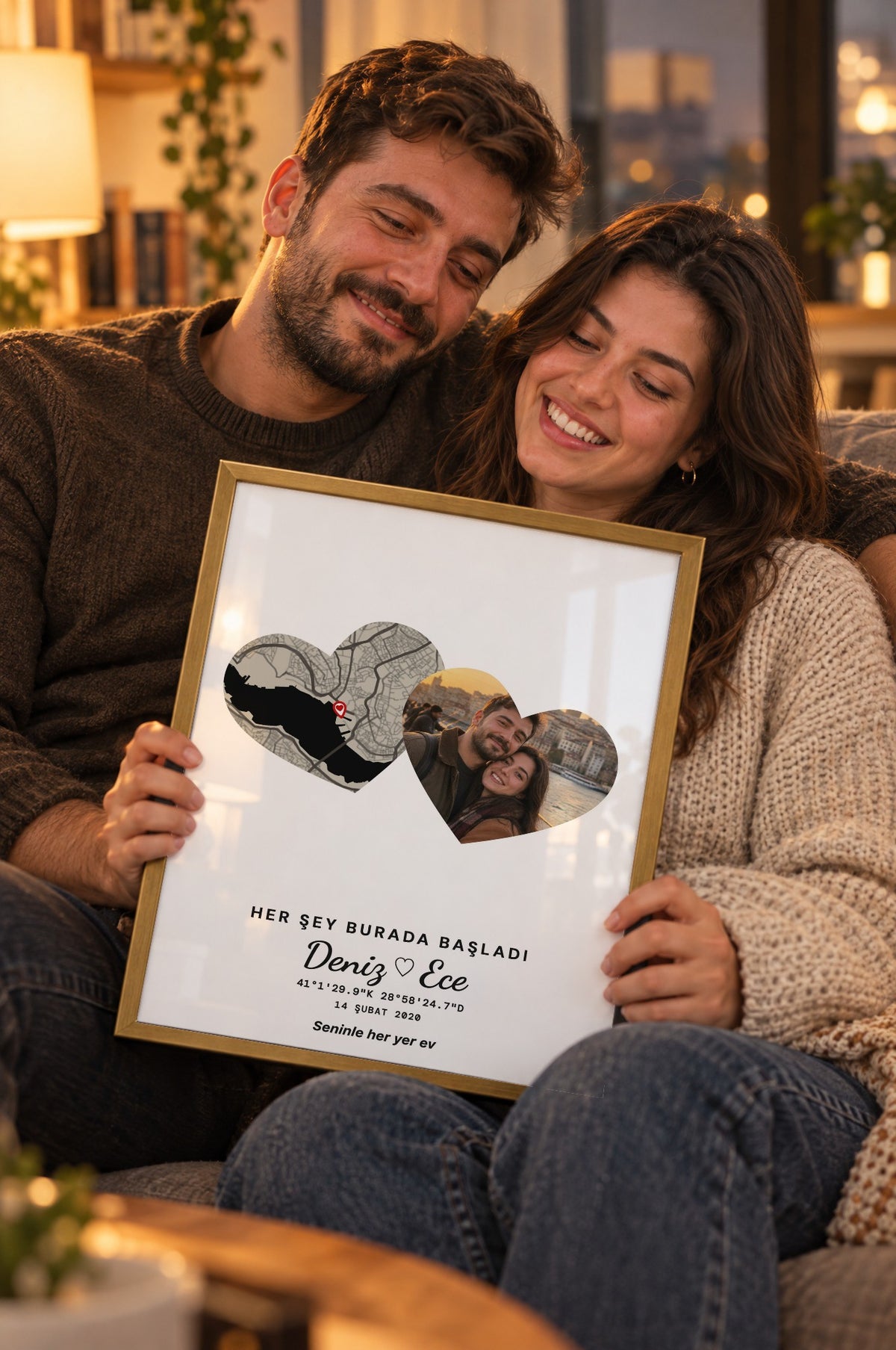 Fotoğraflı Kalp Koyu Anı Haritası Tablosu – yaşam, Gold çerçeve