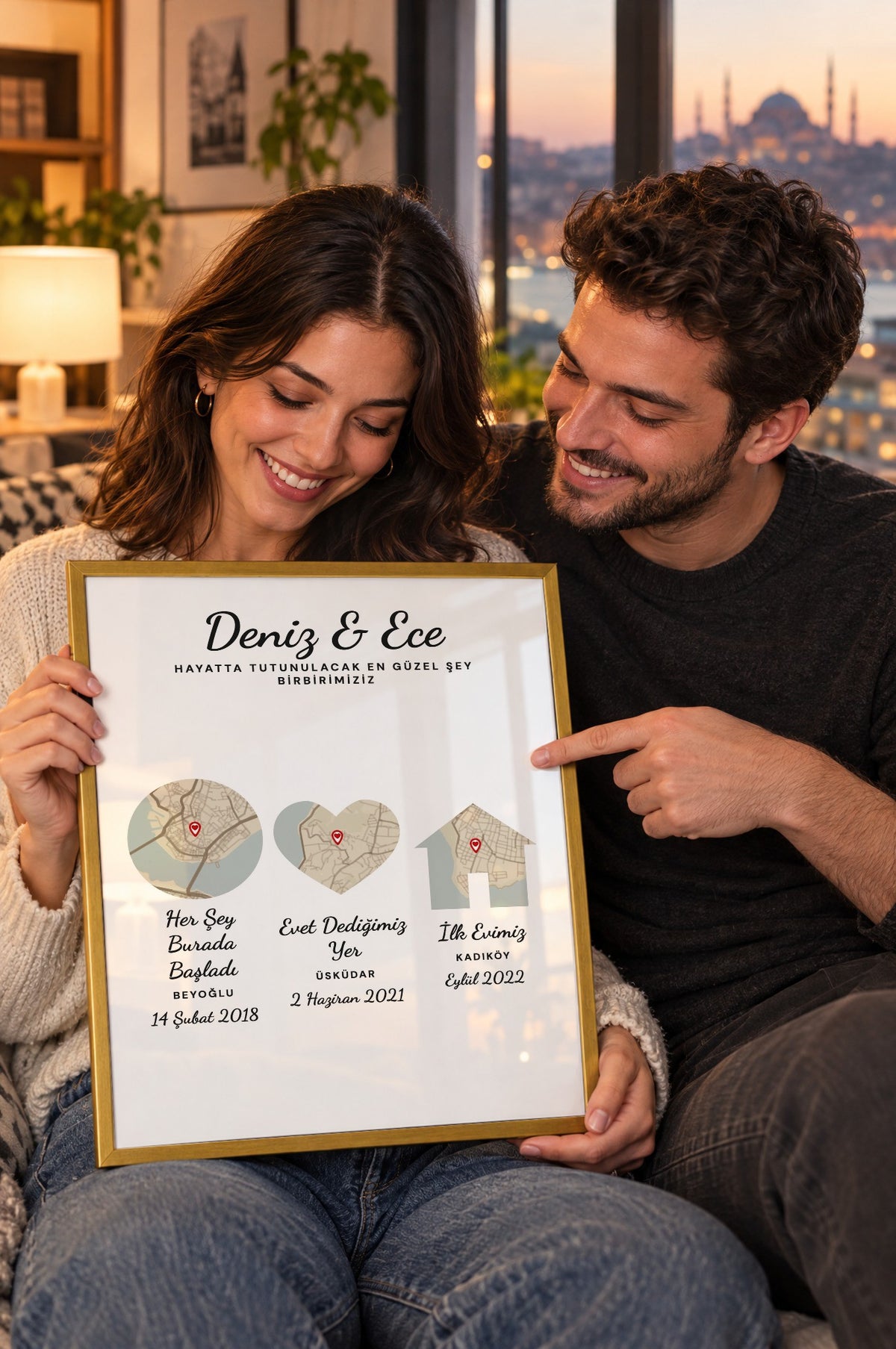 Üç Durak Vintage Anı Haritası Tablosu – yaşam, Gold çerçeve