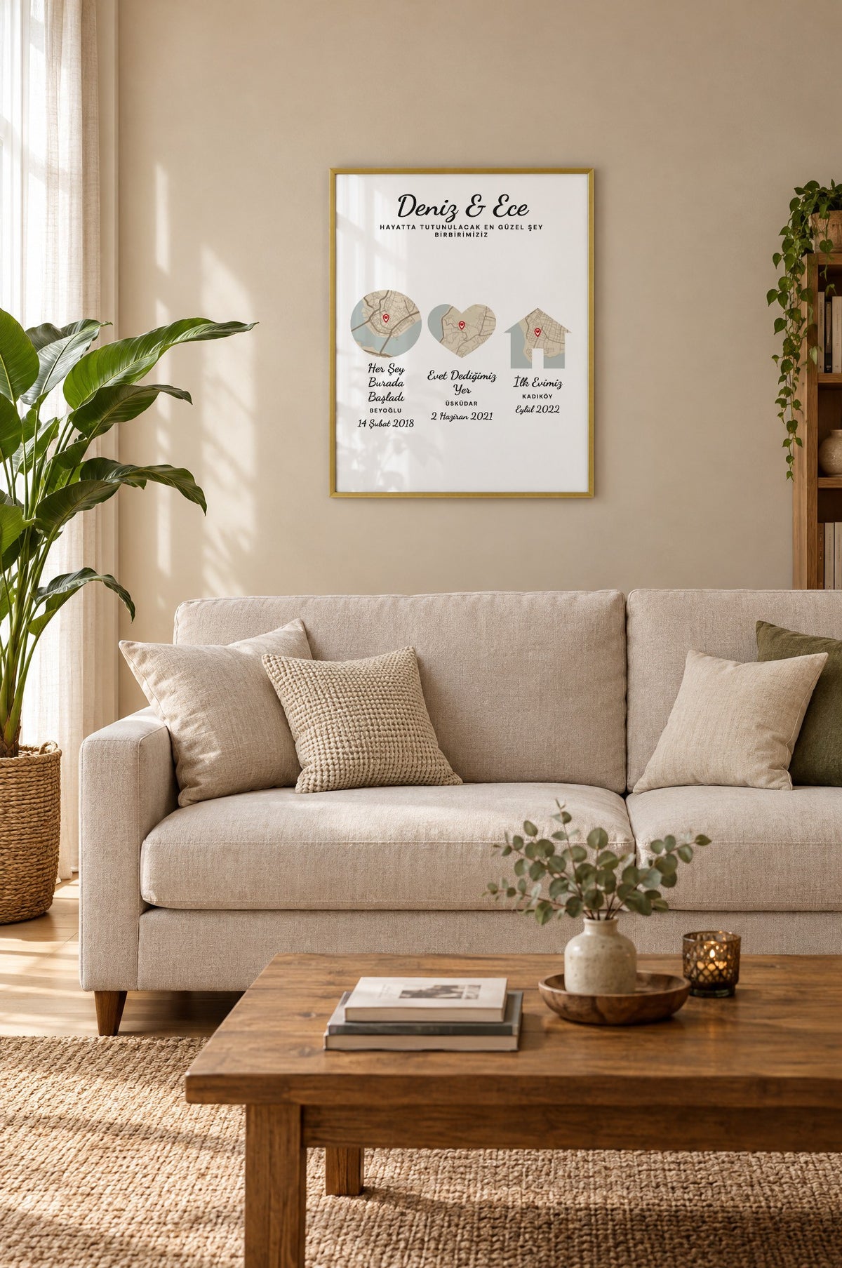 Üç Durak Vintage Anı Haritası Tablosu – duvarda, Gold çerçeve