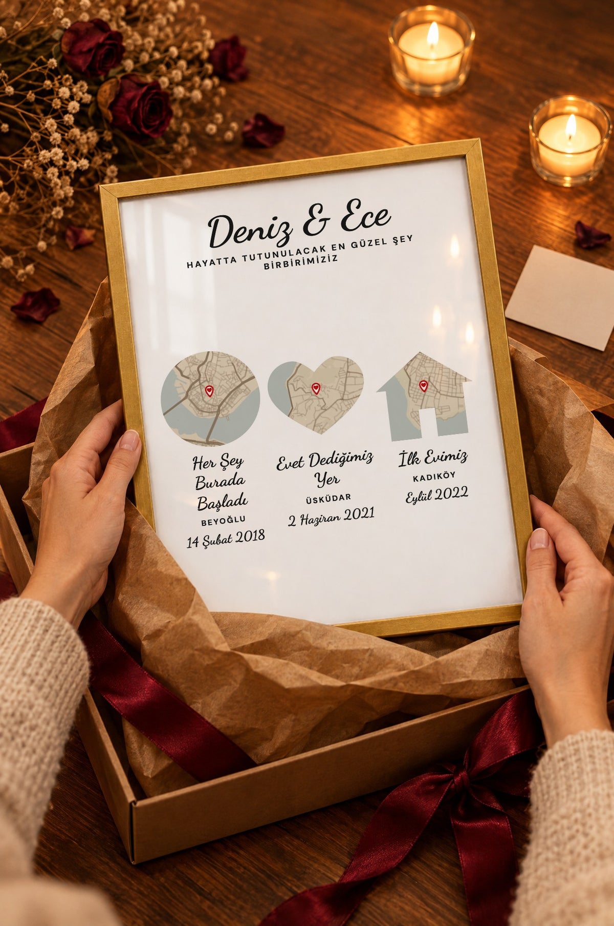 Üç Durak Vintage Anı Haritası Tablosu – hediye, Gold çerçeve
