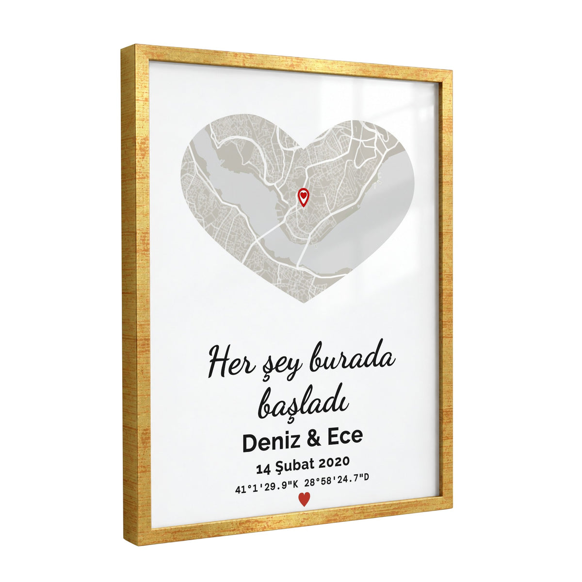 Kalp Açık Anı Haritası Tablosu – Gold Çerçeve