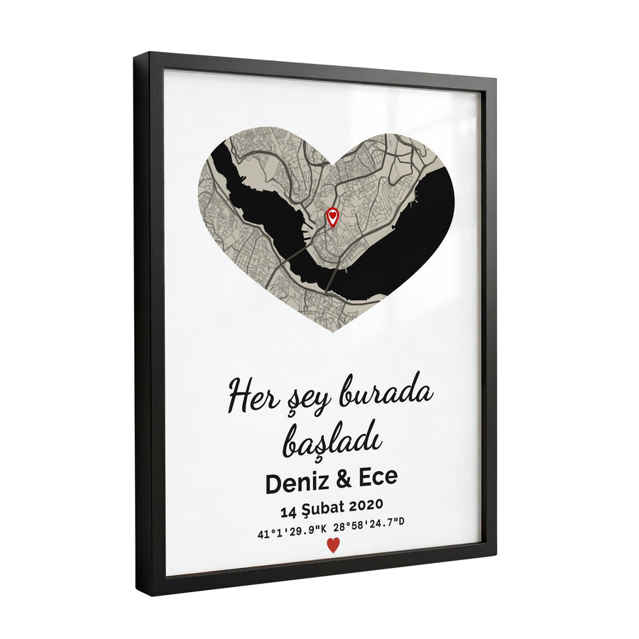 Kalp Koyu Anı Haritası Tablosu – Siyah Çerçeve, Kişiye Özel Konum Haritası Poster