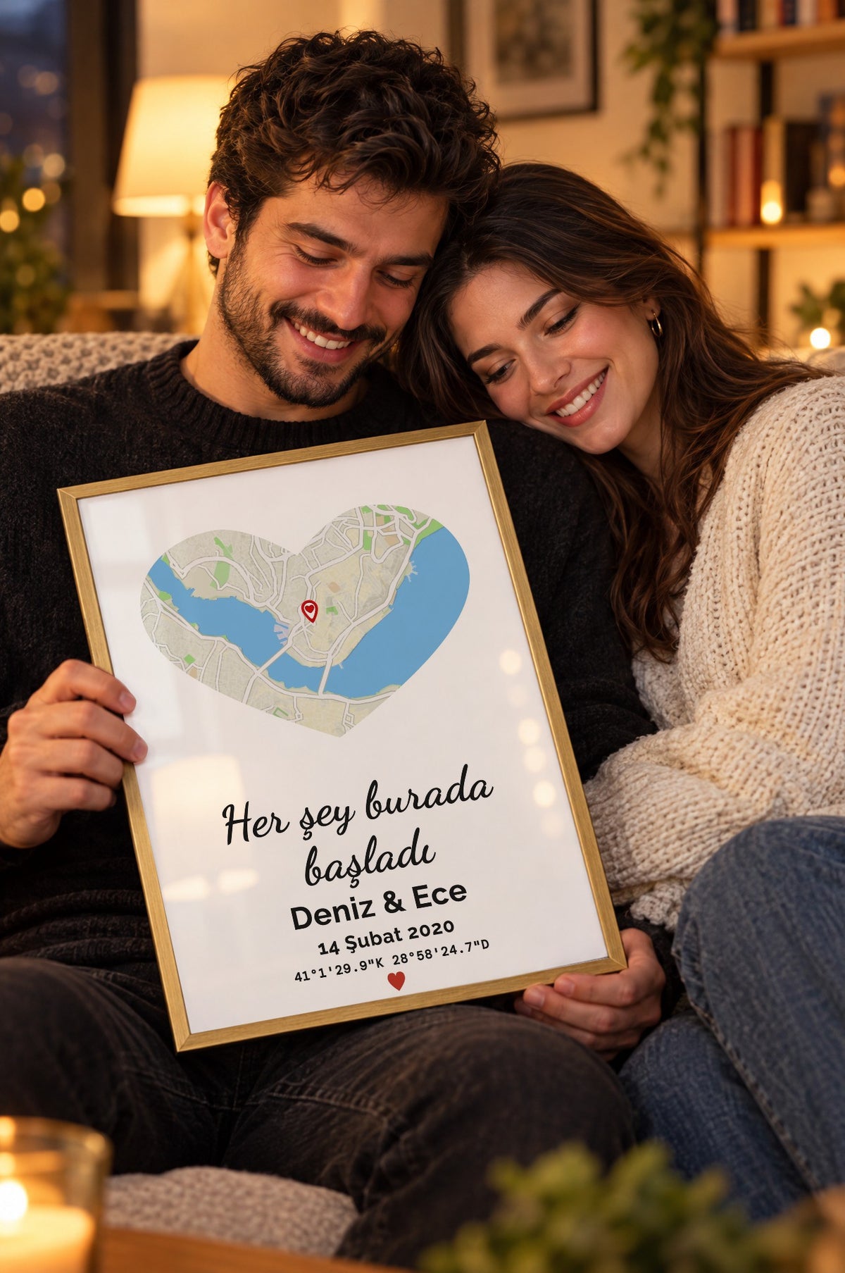 Kalp Doğa Anı Haritası Tablosu – yaşam, Gold çerçeve