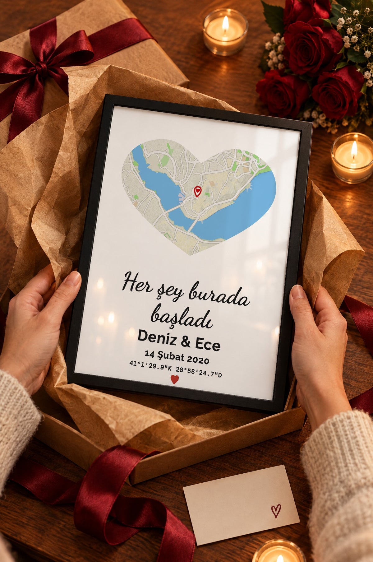 Kalp Doğa Anı Haritası Tablosu – hediye, Siyah çerçeve